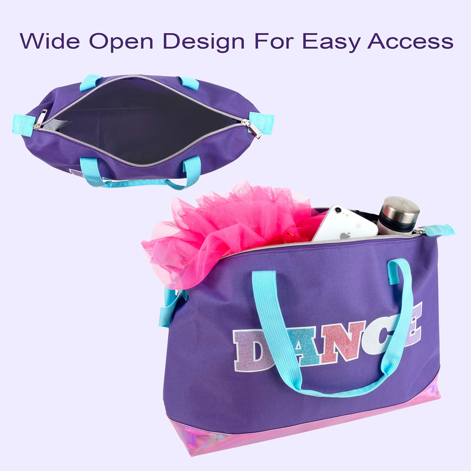 MADISON & DAKOTA Garment Dance Shoulder Bags for Girls, Teen Dancers, Costumes, Boys | Holographic Glitter Dance Bag for Kids, Dance Purple & Pink, Every Day - Blue image number 2