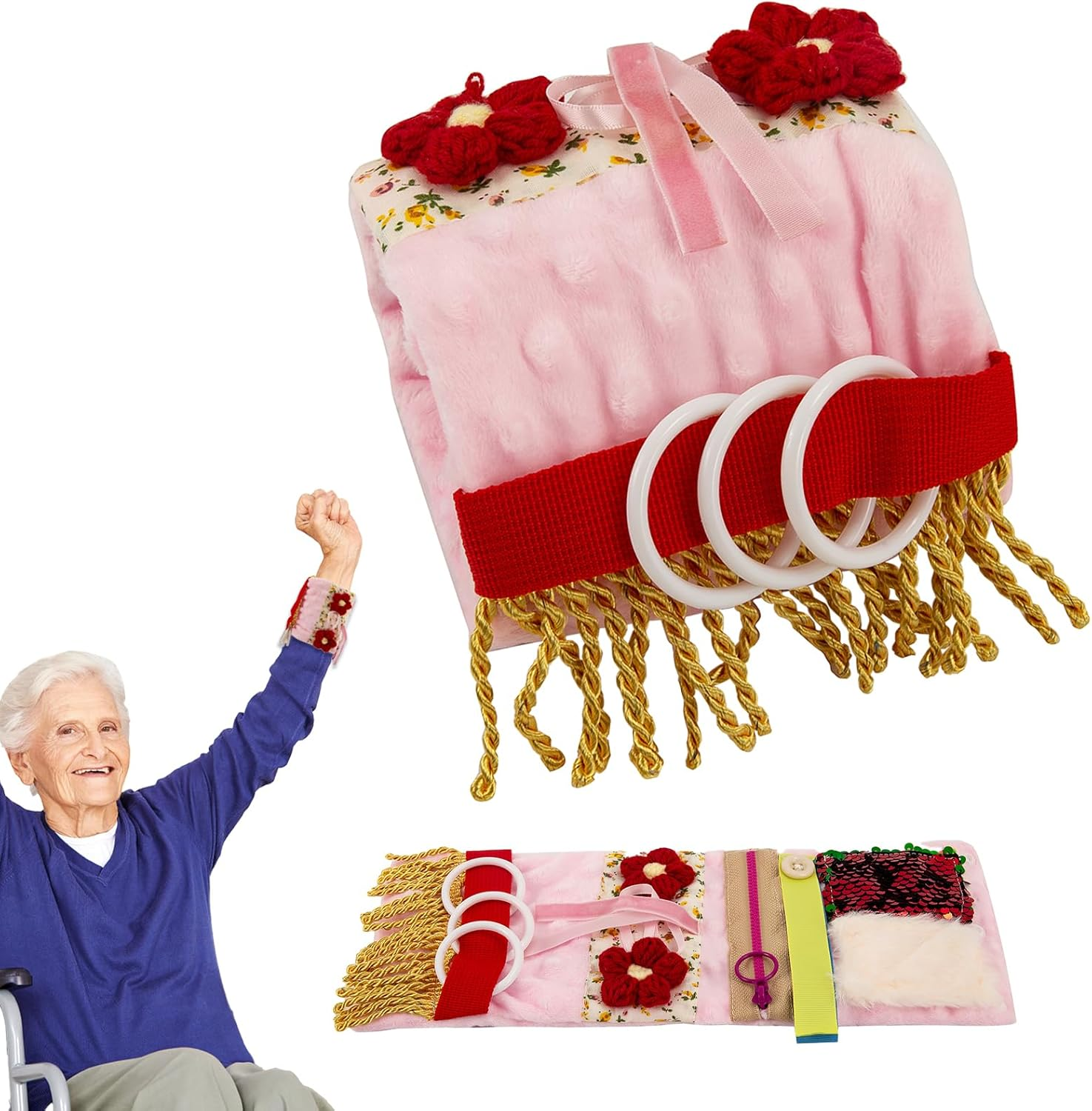 AGDGV Fidget Blanket for Alzheimer'S & Dementia Patients - Sensory Therapy Anxiety Relief Gifts for Seniors, Elderly Adults with Calming Textures, Pink Wrist Cuff Attachment, Dementia Activities Tools image number 4