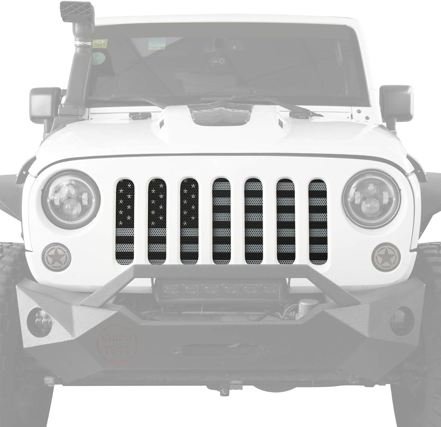 American Flag Front Grille Grid Mesh Screen Steel Screen Insert Fits for 2007-2018 Jeep Wrangler JK& JKU Unlimited (Classic Light Black & White) image number 3