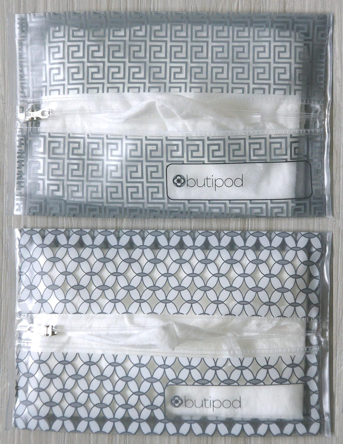 Butipods Reusable Wet Wipe Pouch Slim Case Travel Clutch Holder | Portable Diaper and Hand Bag Wipes Dispenser | Keeps Wipes Moist and Handy! | Set of 2 (Grey Keys & Tiles)