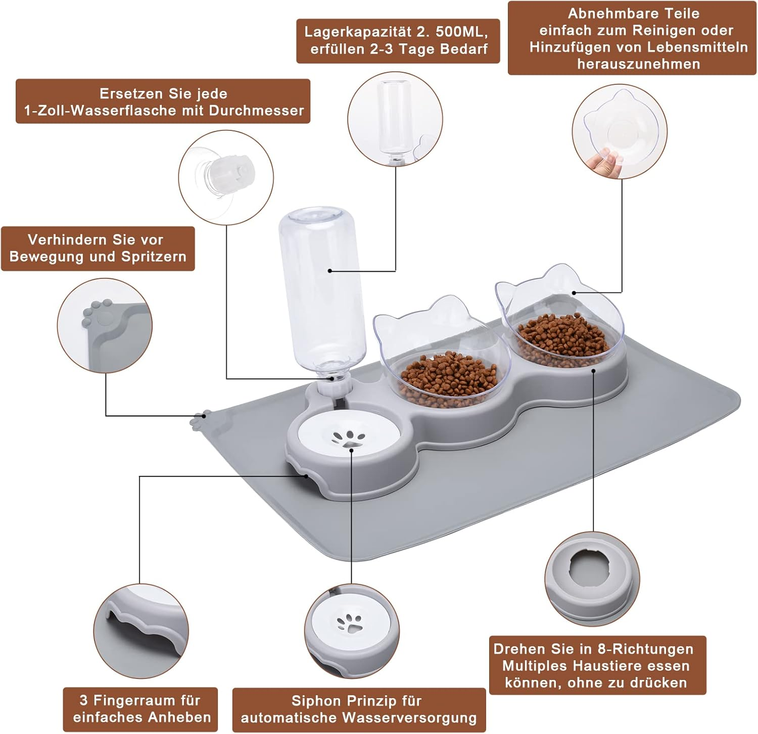 JOELELI Cat Bowls, Double Feeding Bowls for Pets, 15&deg; Tilted Dog Bowl with Automatic Water Bottle and Mat, Cat Bowl, Perfect for Puppies, Cats and Small Dogs image number 2