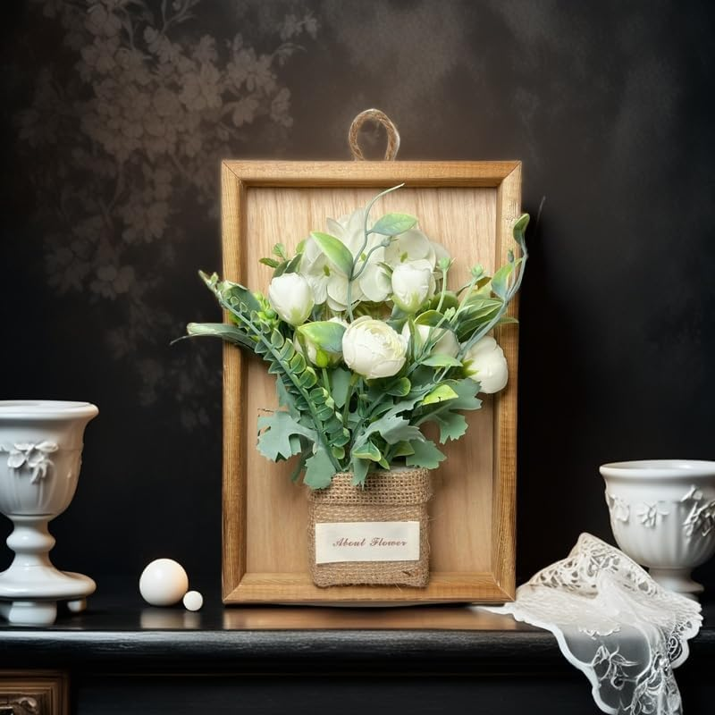 Midrodlle Artificial Hanging Plants Wall D&eacute;cor in Wooden Frame (22.8 X 15.5 Cm), Fake Flowers Wall Art Indoor Decorations-Aisha White Roses image number 3