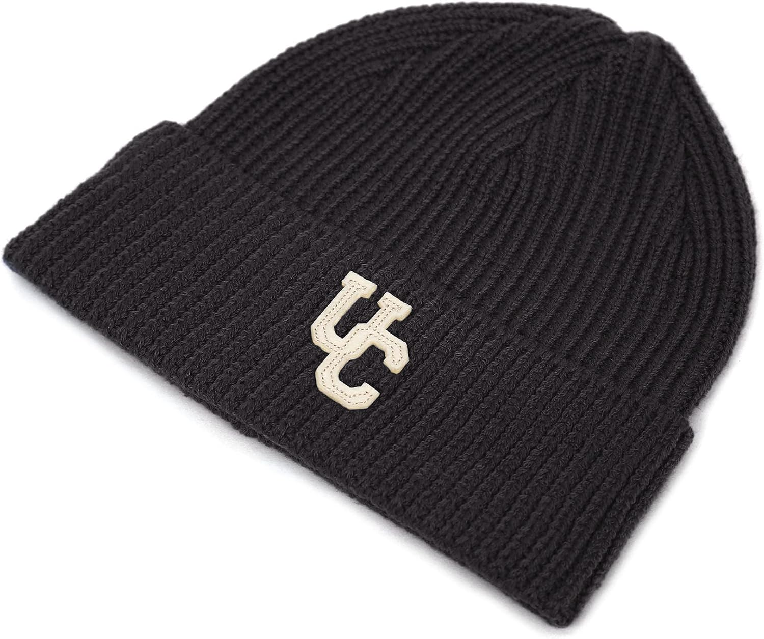 UNDERCONTROL Stripe Pattern Roll up Skullcap Warm Winter Watch Hats Thick Knit Cuff Square Logo Patch Unisex Fisherman Beanie - Charcoal image number 3