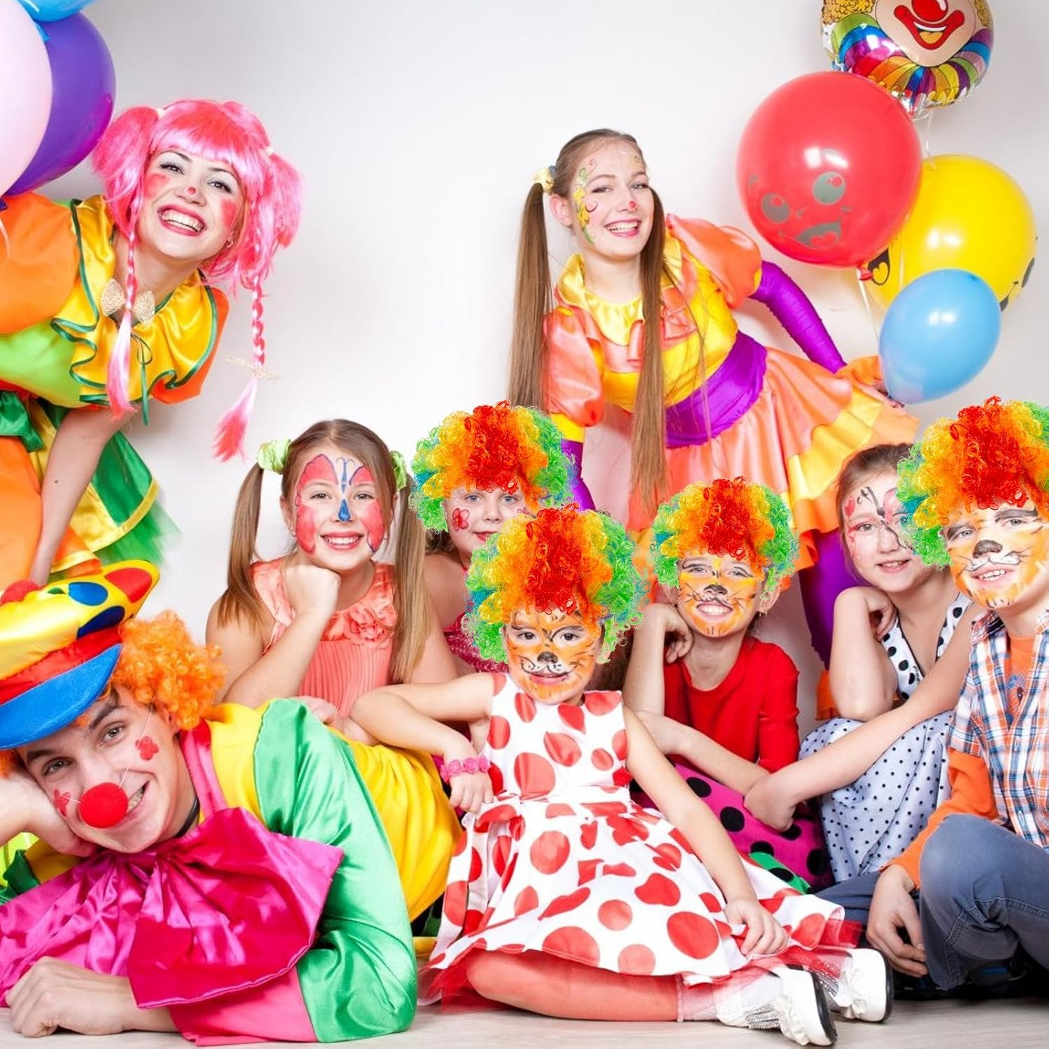 AGDGV 2 Pack Rainbow Afro Clown Wigs for Adults & Kids, 70'S 80'S Disco Curly Synthetic Hair Wig, Halloween Costume Party Cosplay Christmas Wig (Colorful & Fluffy)