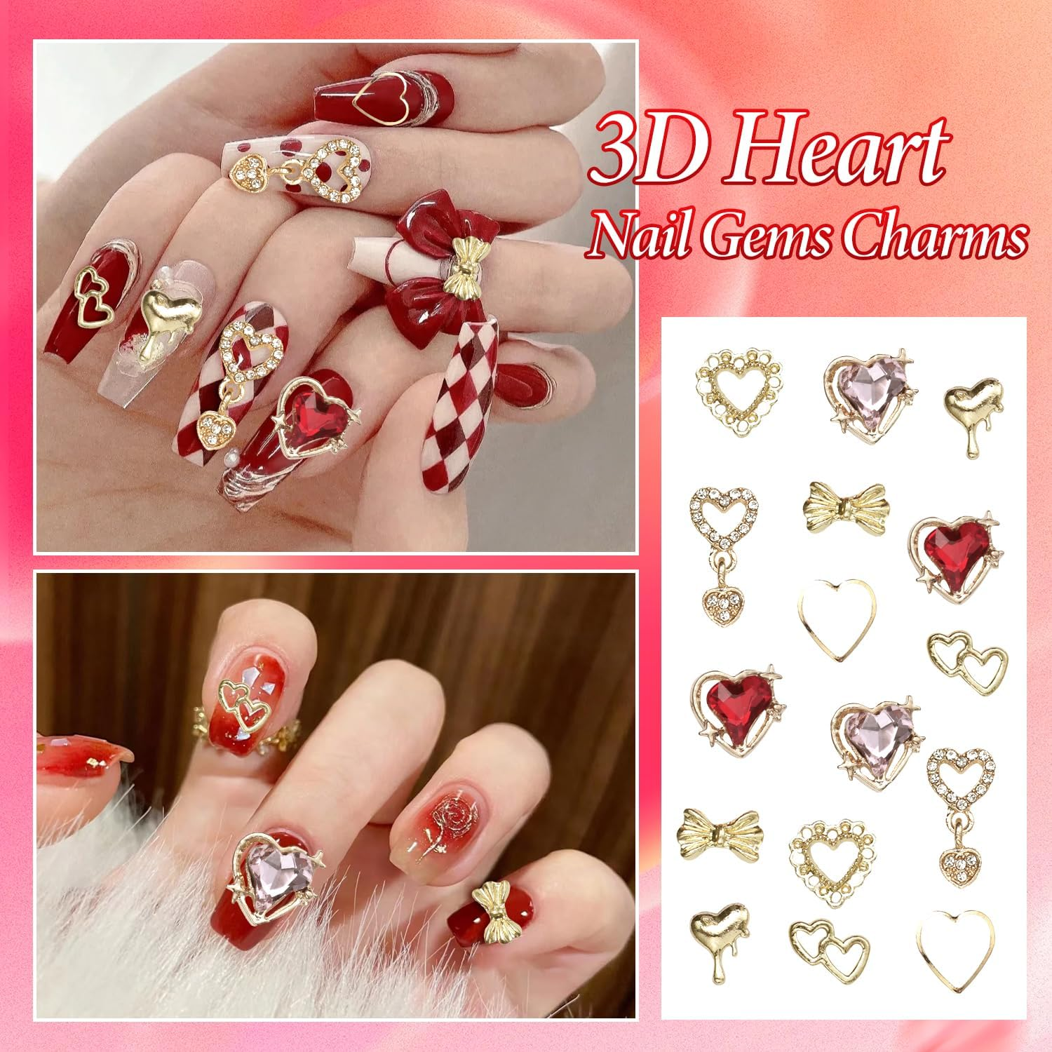 Cynailli 12Pcs 3D Valentine Gold Heart Nail Charms & Gems, Gold Alloy with Red Heart Rhinestones, Pink Heart with Bow Nail Art Supplies image number 6