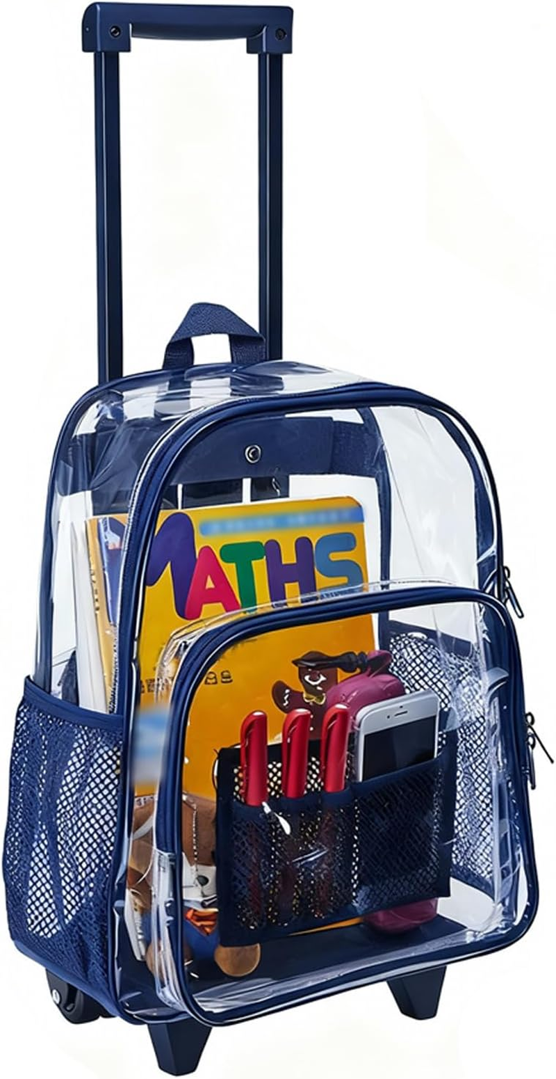 Rolling Clear Backpack, Heavy Duty Cold-Resistant Security Transparent PVC Backpack with Wheels (Black)