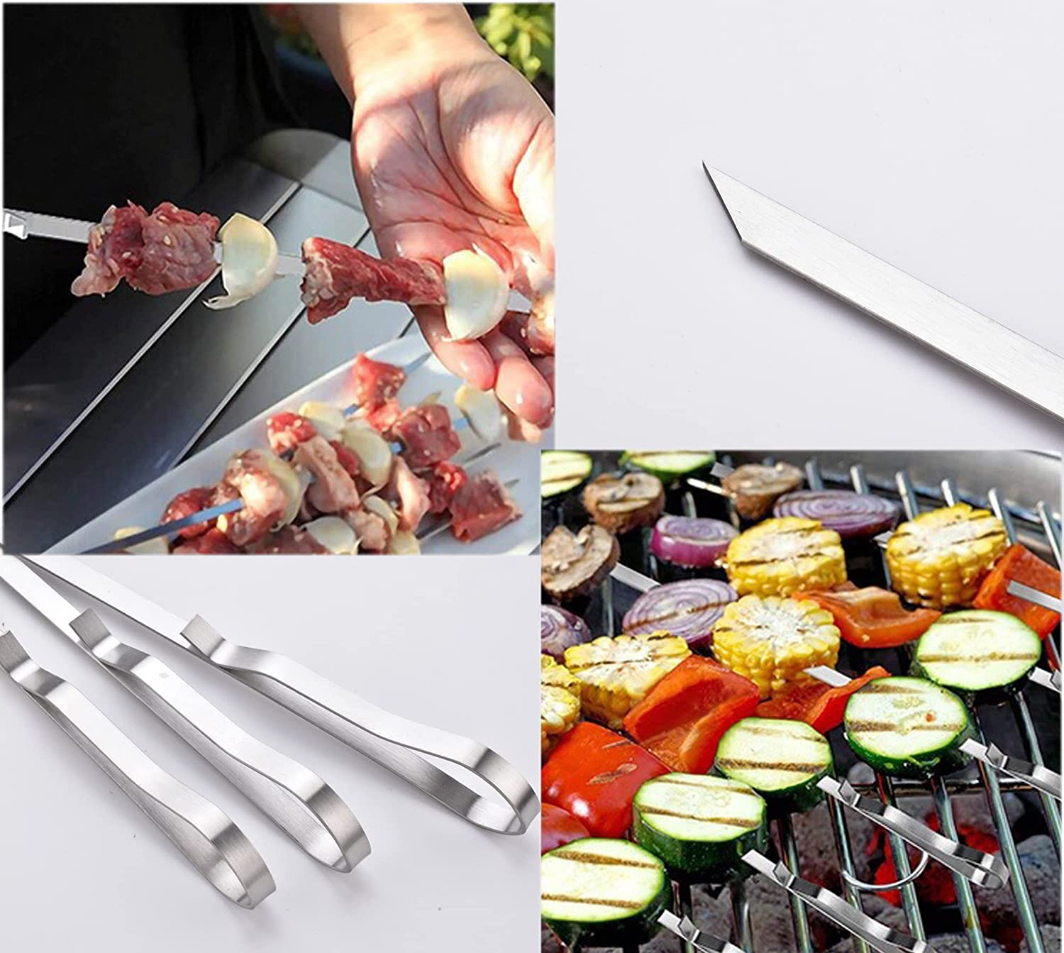 17 Inch Long Stainless Steel Skewers for Kabobs, Flat Shish Kabob Barbecue Skewers with Storage Bag - Metal BBQ Skewers for Grilling Meat, Chicken, Shrimp, Vegetables - 10 Pack