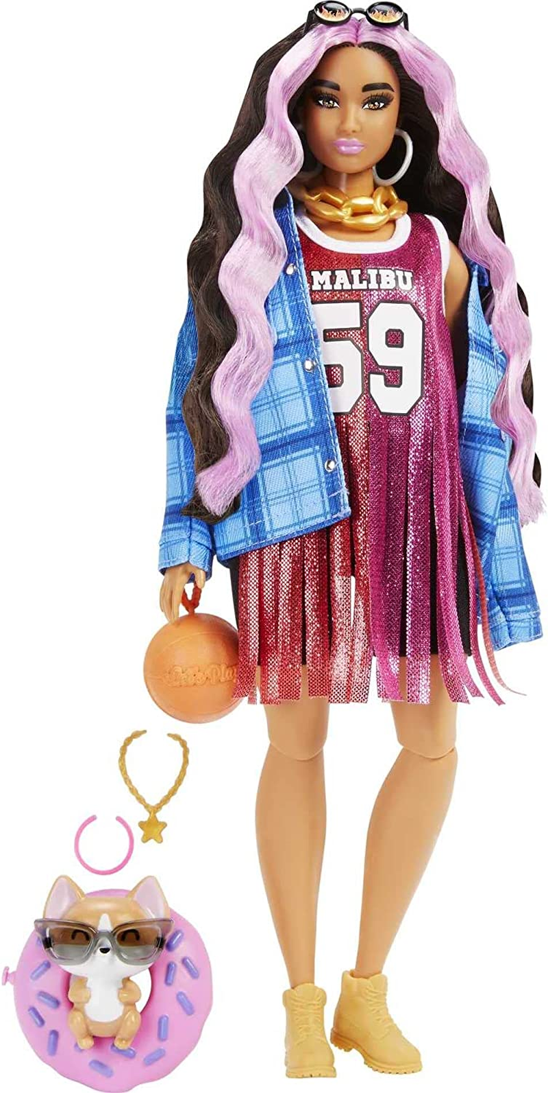 Barbie Dolls and Accessories, Extra Fashion Doll, Pink-Streaked Crimped Hair, Pet Corgi, Jersey Dress, Toys and Gifts for Kids image number 3
