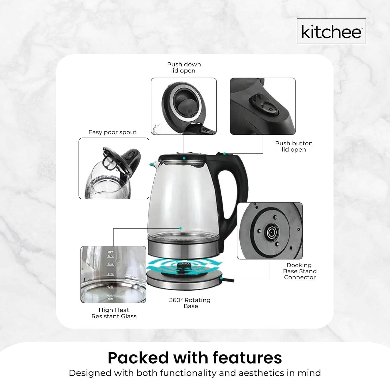 1.7L Electric Glass Kettle LED Blue Light 360 Automatic Cordless Water Boiling Jug image number 5