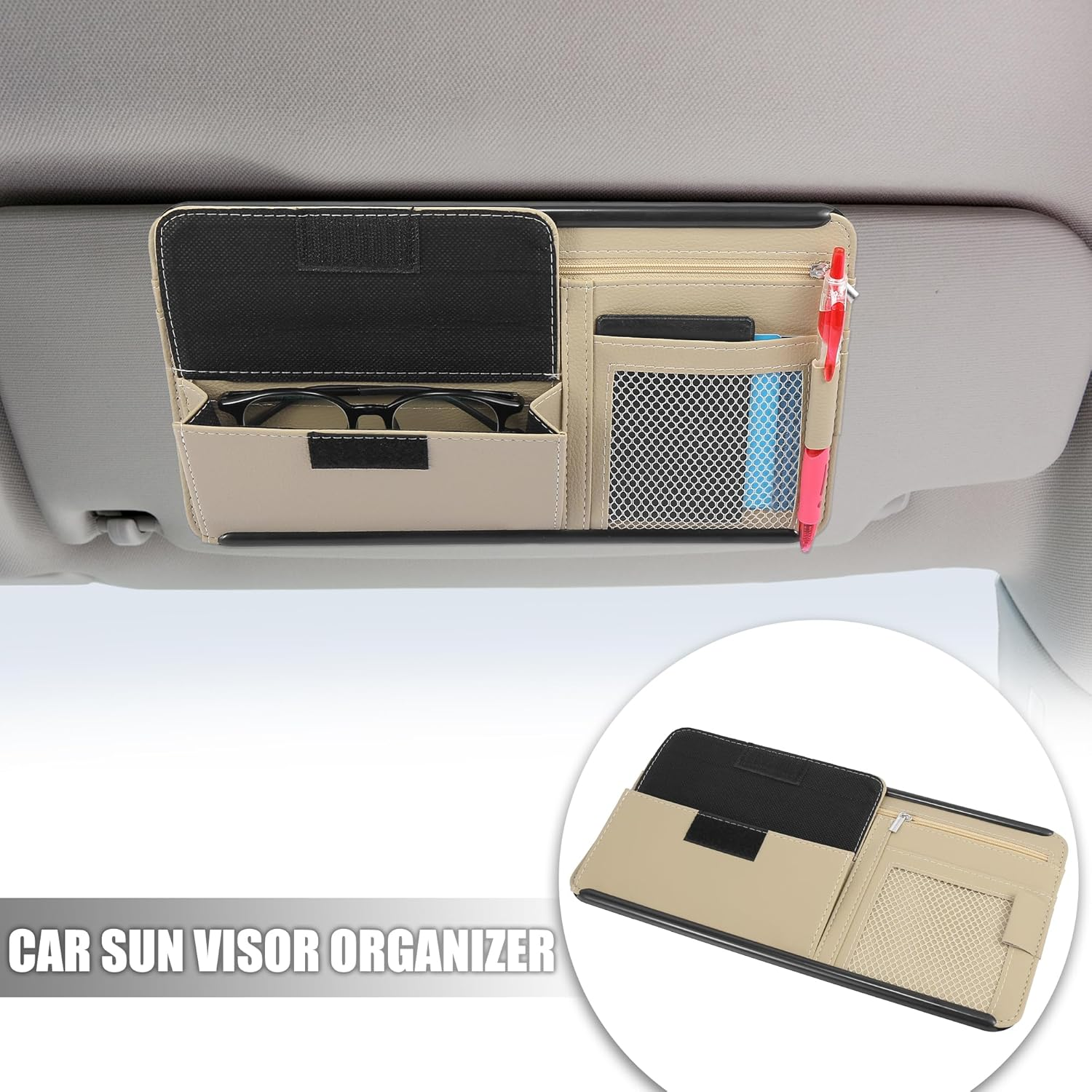 X AUTOHAUX Beige Universal Car Sun Visor Organizer Sunglasses Case Storage Pocket Hook and Loop Tape ABS PU Leather for SUV RV Truck