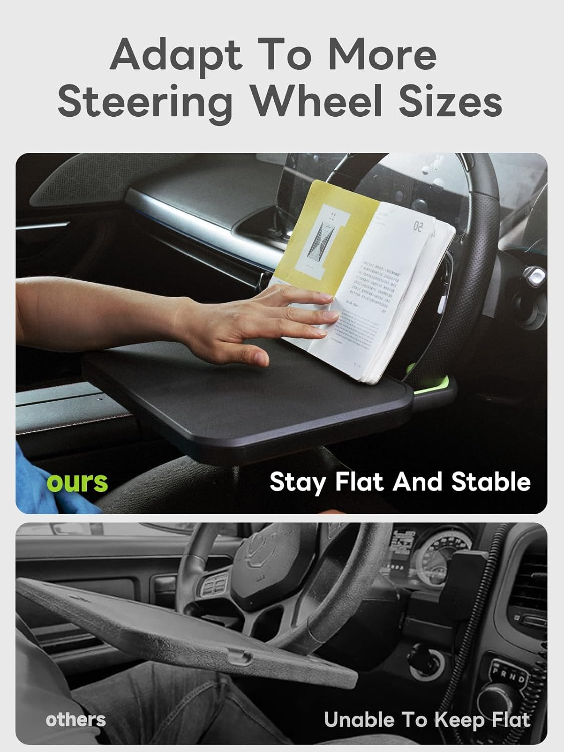 SAIJI Car Steering Wheel Desk with Retractable Slot, Car Food Tray with Anti-Scratch Silicone Steering Wheel Slot, Car Table Tray for Eating with Cup Holder, Multifunctional Travel Car Accessories image number 2