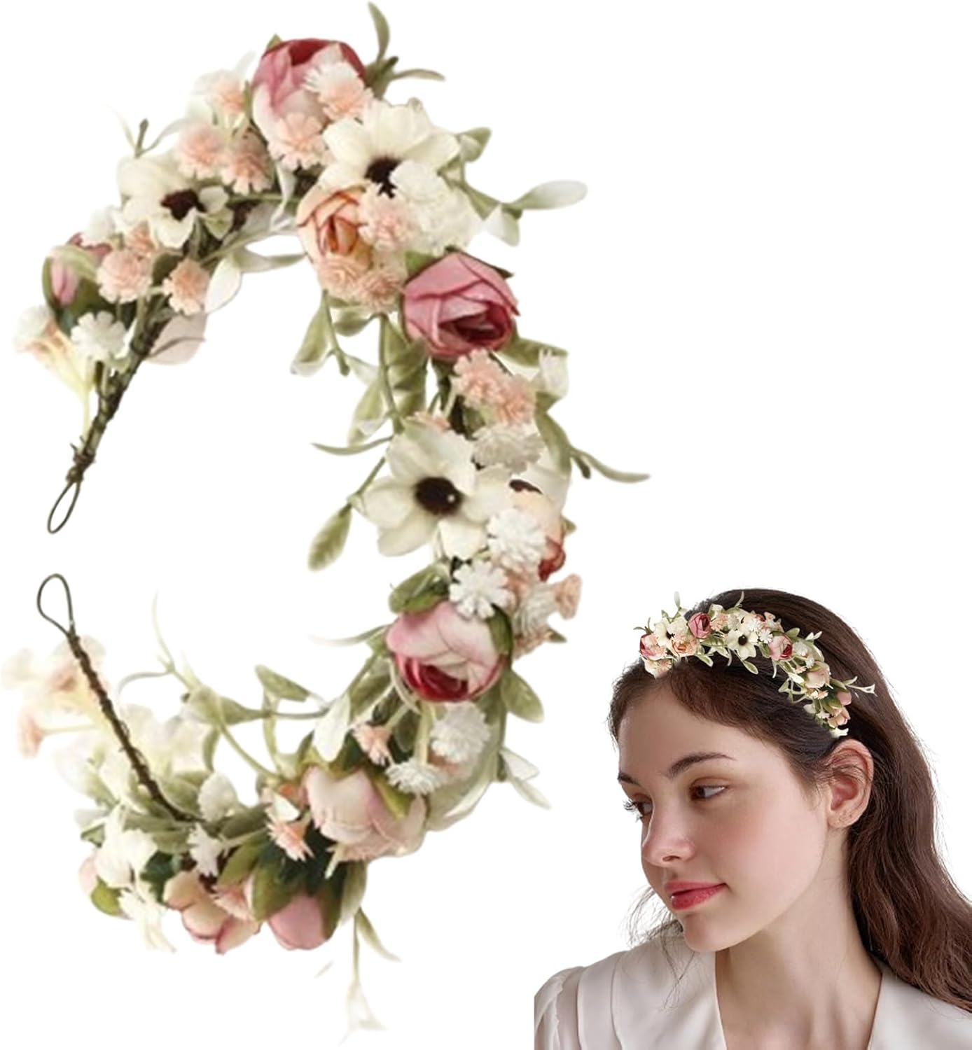 Bridal Flower Crown, Women Roses Floral Crown Hair Garland Adjustable, Bohemian Wedding Bridal Flower Headpiece for Womens Girls