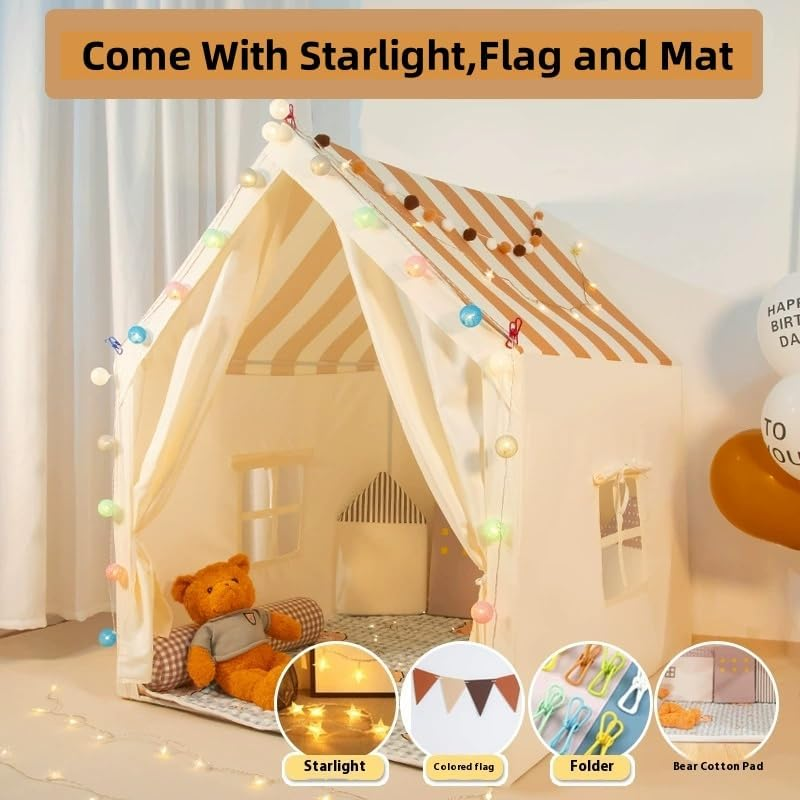Large Kids Play Tent with Mat, Play Tent Indoor with Star Lights and Windows, Playhouse for Boys and Girls Aged 3+, Kid Tent Washable (With Mat) image number 2