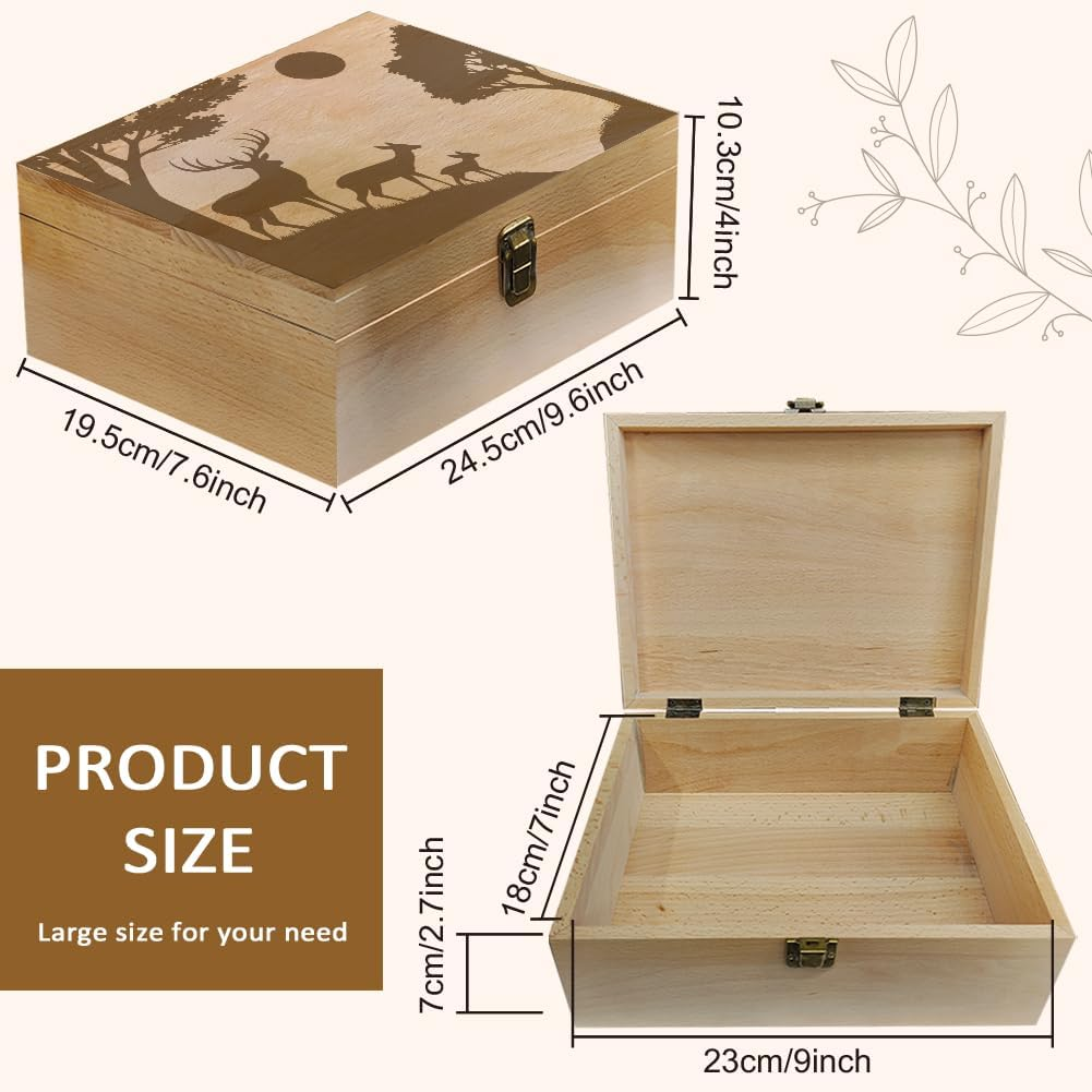 Arricraft Wooden Memory Box a Family of Three Deers in the Forest with the Sun Storage Decoration Wooden Box for Photos Dvds Letters Capacity 24.5 X 19.5 X 10.3 Cm image number 4