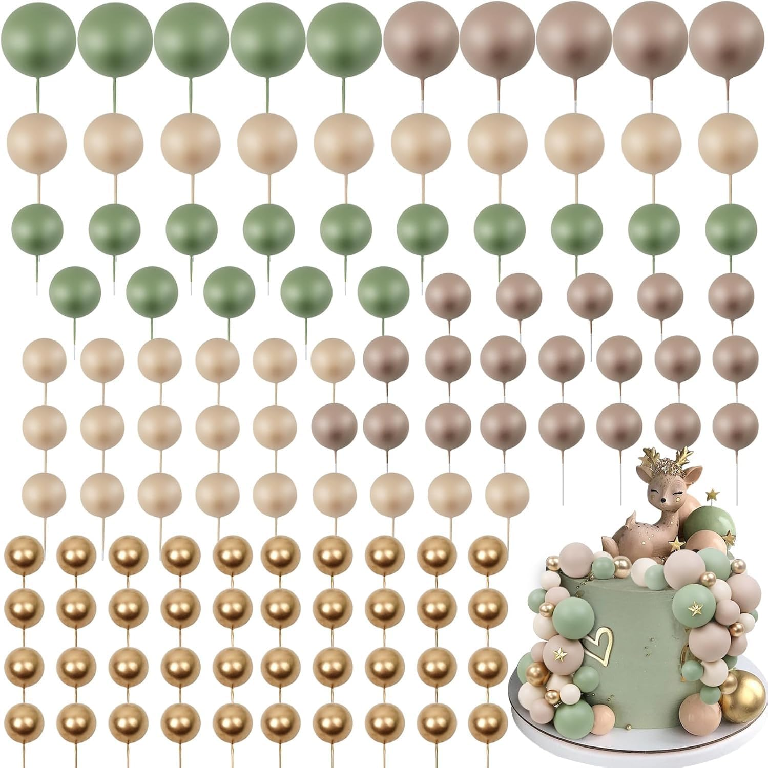 Mini Ball Cake Toppers, Foam Ball Cupcake Insert Toppers, Matcha Green, Light Brown, Khaki, Gold, Ideal for Parties, Baby Shower, Weddings, Non-Edible Cake Decorations, 115 Pieces - Ermaoo image number 3