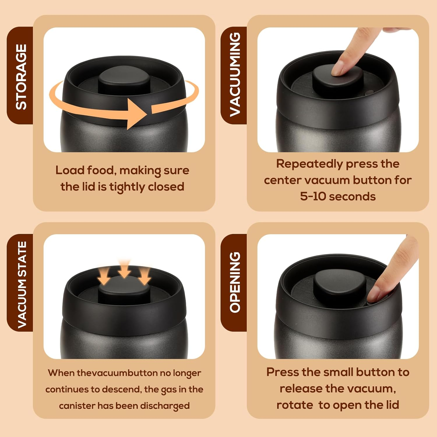 Cozary Stainless Steel Coffee Container, 400 Ml Vacuum Coffee Canister, Airtight, Coffee Beans Container with Vacuum Pump Lid, Airtight & Fresh, for Coffee Beans, Tea, Nuts, Seasoning (Black) image number 4