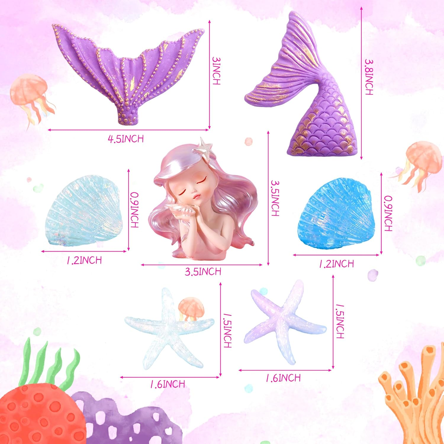 Jevenis Purple Mermaid Cake Toppers - under the Sea Cake Decoration Set with Seashells, Mermaid Tail, Sea Star Toppers - Purple image number 2