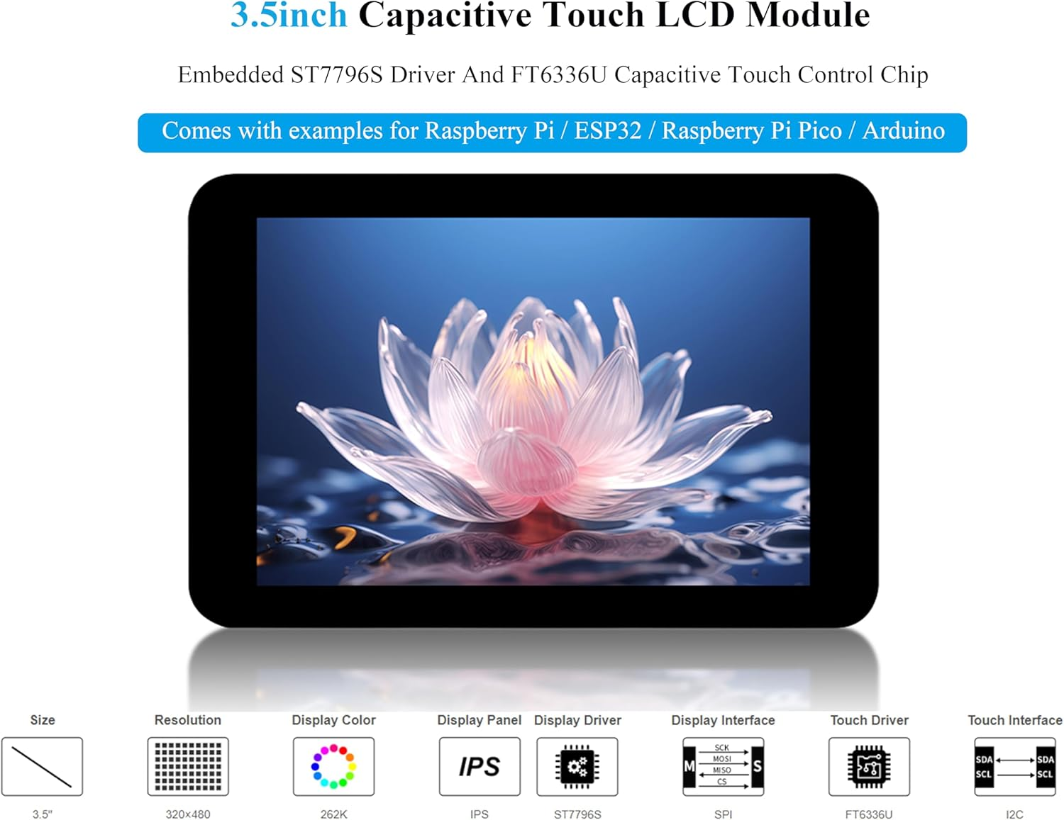 3.5Inch Capacitive Touch Screen Compatible with Raspberry Pi 5/4B/3B+/Zero/Zero W/Zero 2W/Pico/Pico W/Pico 2/Pico 2 W/ ESP32 /Ar-Duino, IPS Display 320X480 Resolution, SPI and I2C Control Interfaces image number 5