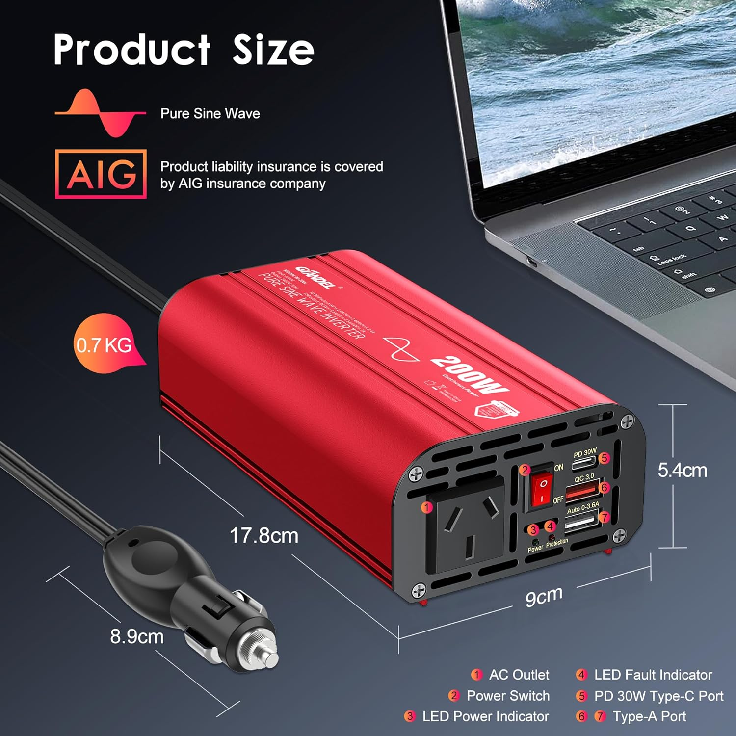 GIANDEL Pure Sine Wave 200 Watt Power Inverter DC 12V to AC 240V Car Adapter with Type-C PD30W and QC3.0 USB Fast Charging for Tablets Laptops Smartphones image number 1