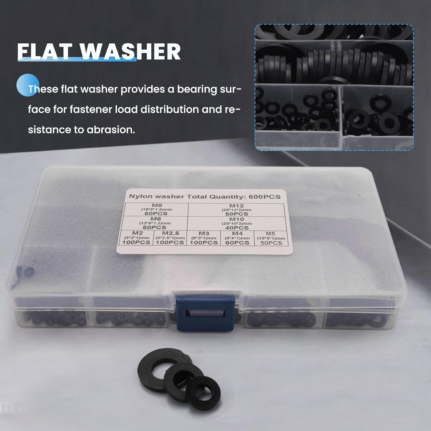 Spacesea 600Pcs Black Nylon Flat Washer Assortment Kit for M2 M2.5 M3 M5 M6 M8 M10 Plain Repair Washer Furniture Gasket Kit image number 1