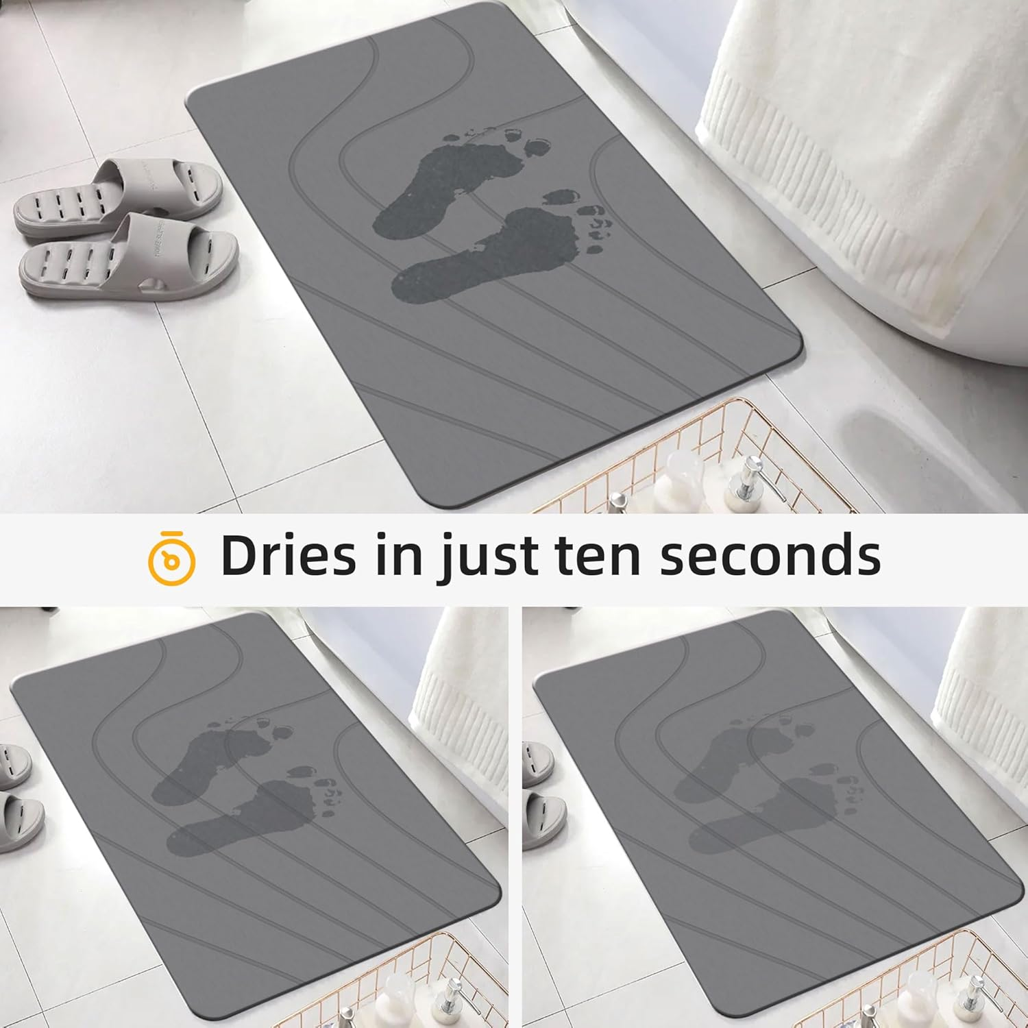 Stone Bath Mat, Diatomaceous Earth Shower Mat,(23.6" X 15.4") Non-Slip Super Absorbent Quick Drying Bathroom Floor Mat, Natural-Elegant & Modern Design, Easy to Clean (Striped Dark Gray)