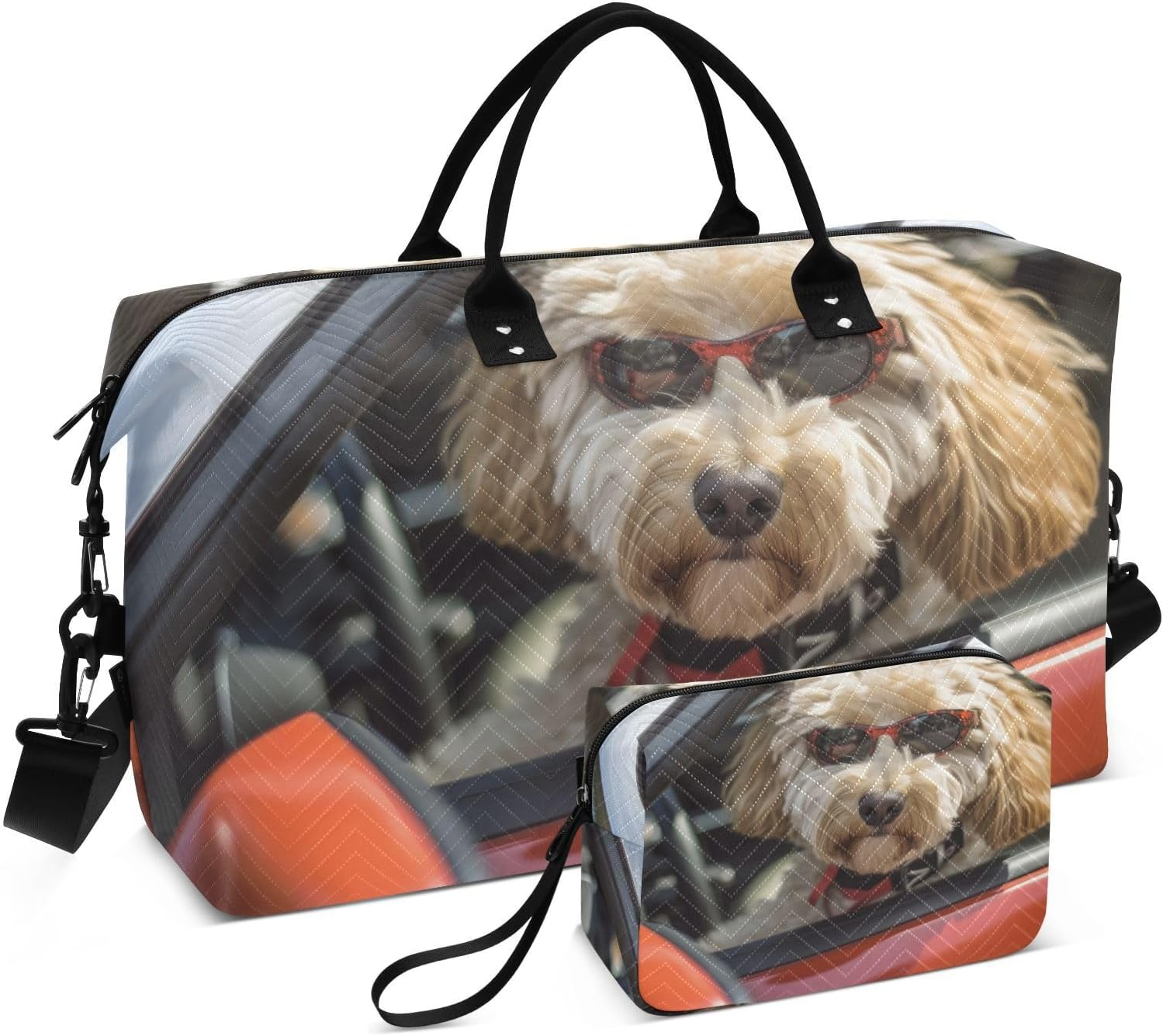 WOIWB Duffel Bag Set with Toiletry Bag for Travel Gym Sport, Luggage Sleeve Weekender Bag Carry on Overnight Bag-Dod Nice Car Print, Multicolor, 20.5 X 7.9 X 13.8 Inches+9.1 X 3.5 X 5.9 Inches image number 6