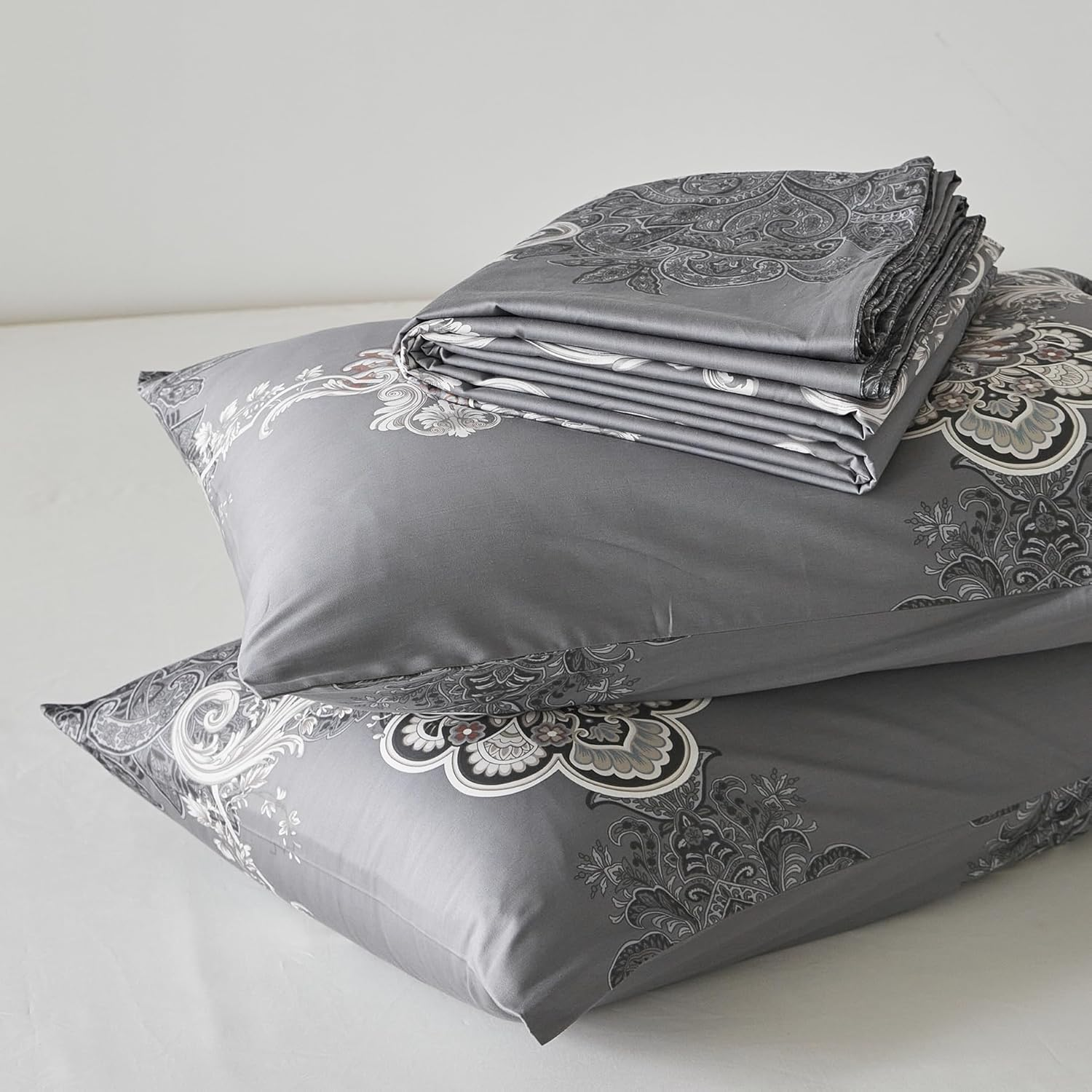 Yuheguoji 100% Egyptian Cotton 3 Pieces Duvet Cover Set Modern Printed Pattern Bedding Set 1 Duvet Cover with Zipper Ties 2 Pillow Cases Luxury Quality Soft Breathable Comfortable Durable Easy Care, Cotton, Grey Paisley, King image number 6