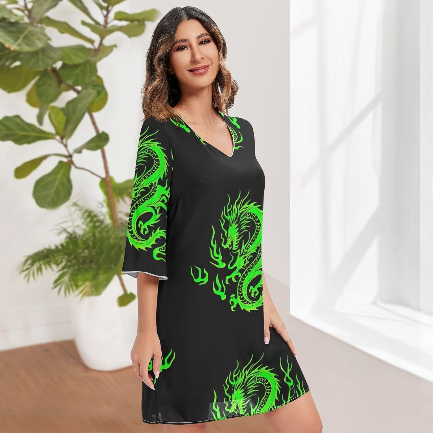 Green Dragon Black V Neck Line Dress Printed Line Maternity Dress S-XXL image number 5
