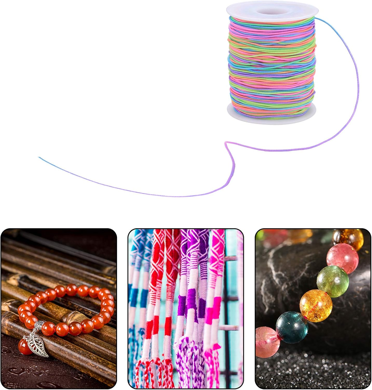 Elastic Cord, Beading Cords Threads, Rainbow Color Stretch String Cord, Fabric Crafting String for Bracelet, Jewelry, Necklace, Craft Making, Braided Hair Tie, Pony Beads Toys String Cord(1Mm, 100M) image number 1