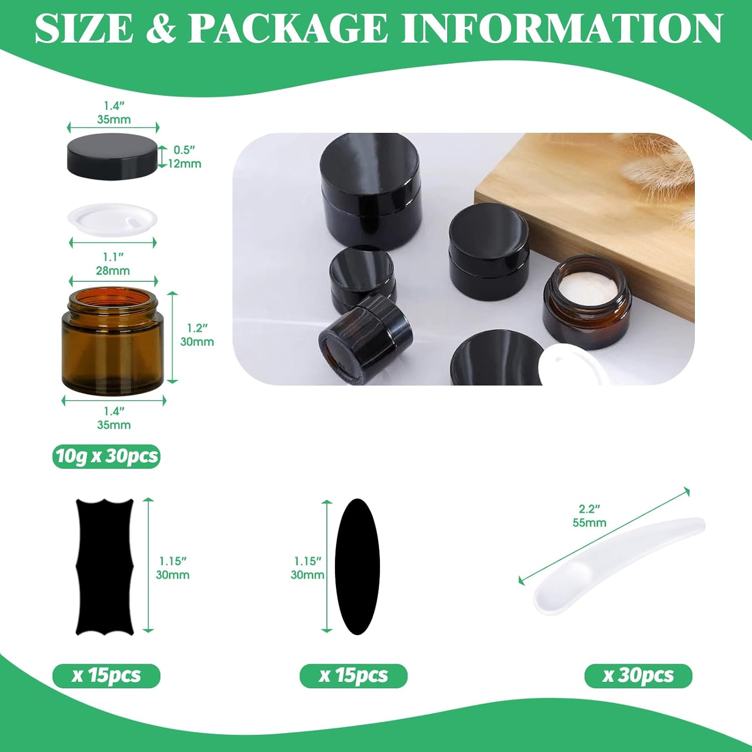 120Pcs 10G Amber Glass Jars Assortment Kit with Inner Liners and Black Lids, Spoons and Blank Labels for Storing Lip and Body Scrub, Lotion, Body Butter, Bath Salts image number 5