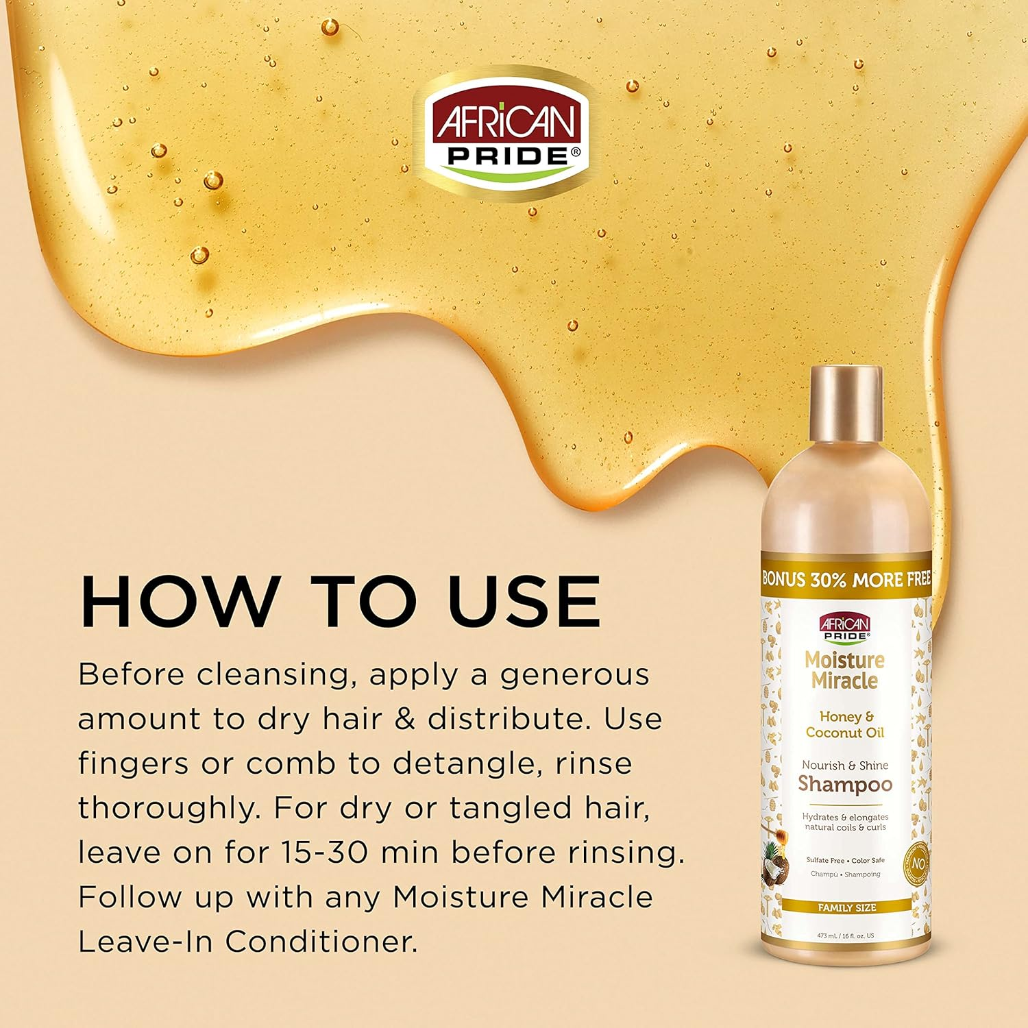 African Pride Moisture Miracle Honey & Coconut Oil Shampoo, 473 Ml, Nourish & Shine, Sulfate Free, Family Size