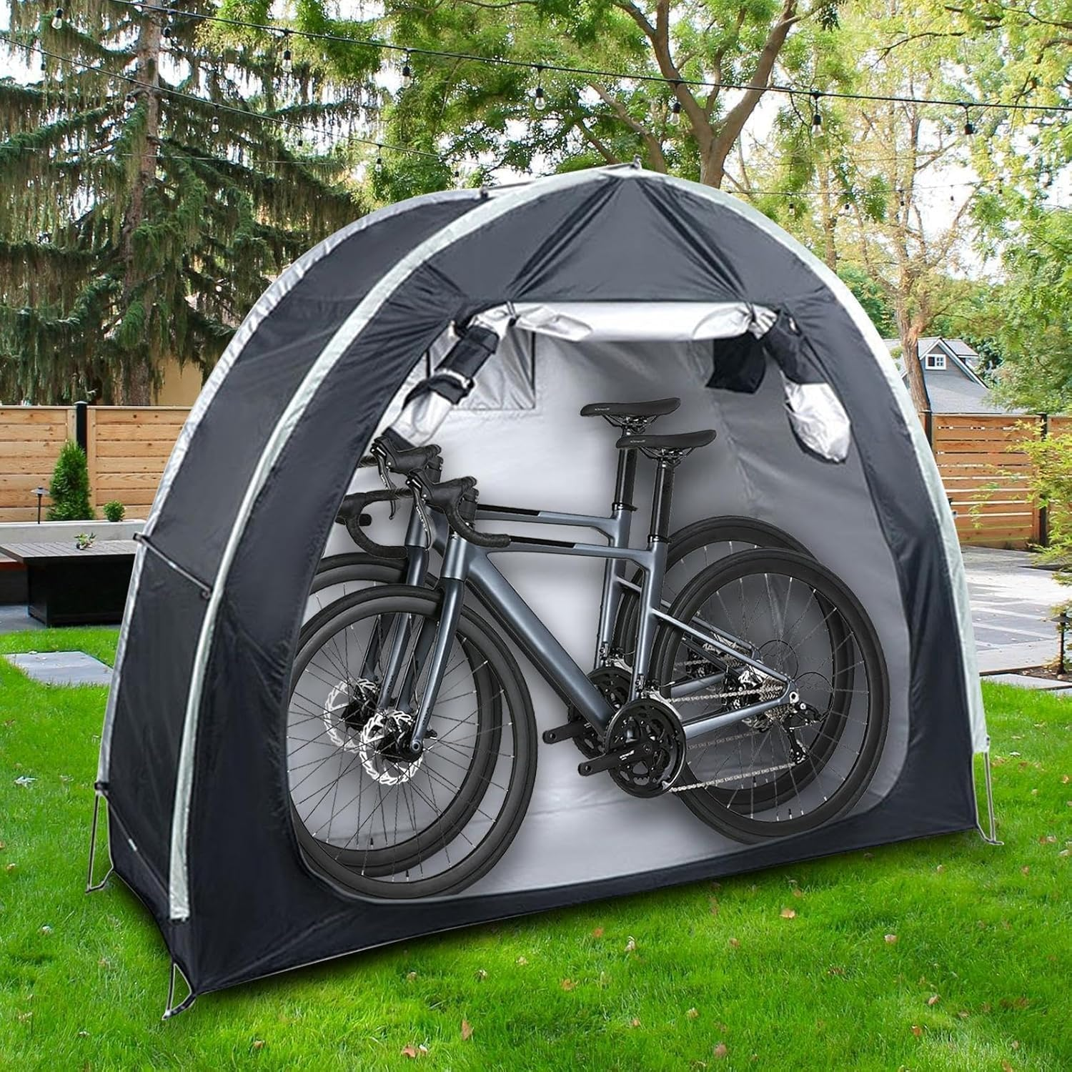 Bike Storage Tent Shed, Upgraded Portable Bicycle Storage Sheds with 210D Oxford Fabric PU5000 Waterproof, outside Bicycle Covers Shelter, for Home Garden, Bikes Motorcycle, Garden Tools (Black) - Black image number 4
