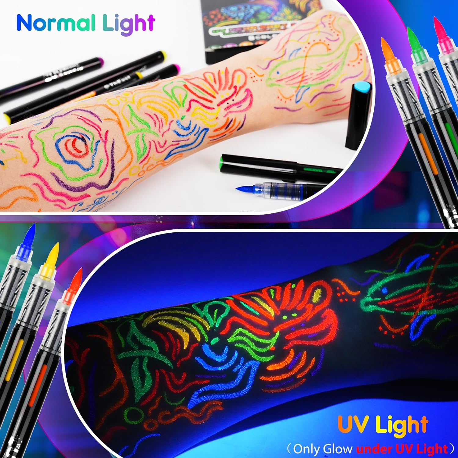 Theast 8 UV Neon Face Paint Pens, Glow in the Dark under UV Light Body Painting Kit, Tatto Markers for Skin Washable, Face Makeup for Party Favors image number 1