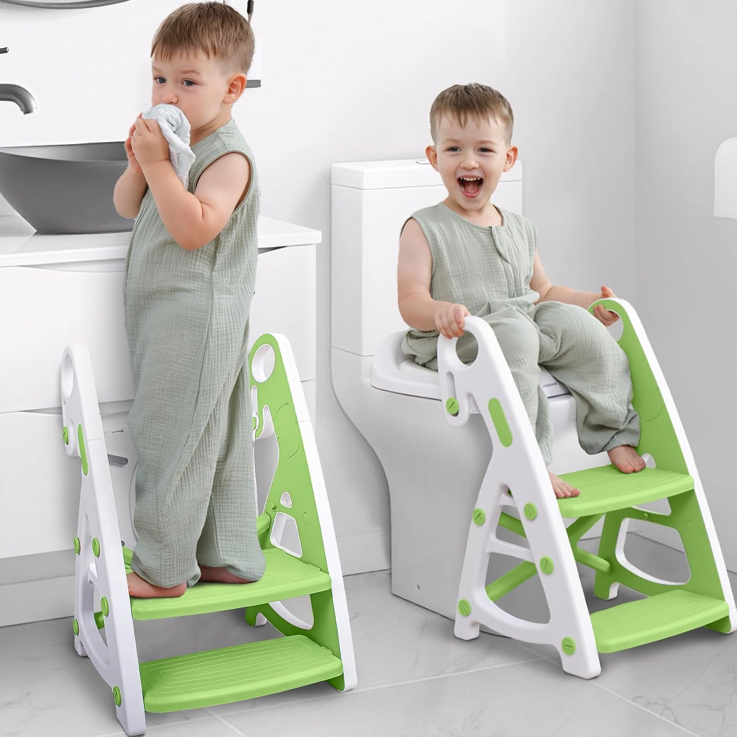 Primlect Potty Training Seat, 2-In-1 Toddler Toilet Seat with Step Stool, Ultra-Stable Potty Chair Attachment, Adjustable Seat and Step Ladder, Non-Slip Design, Splash Guard for Boys and Girls(Grey)