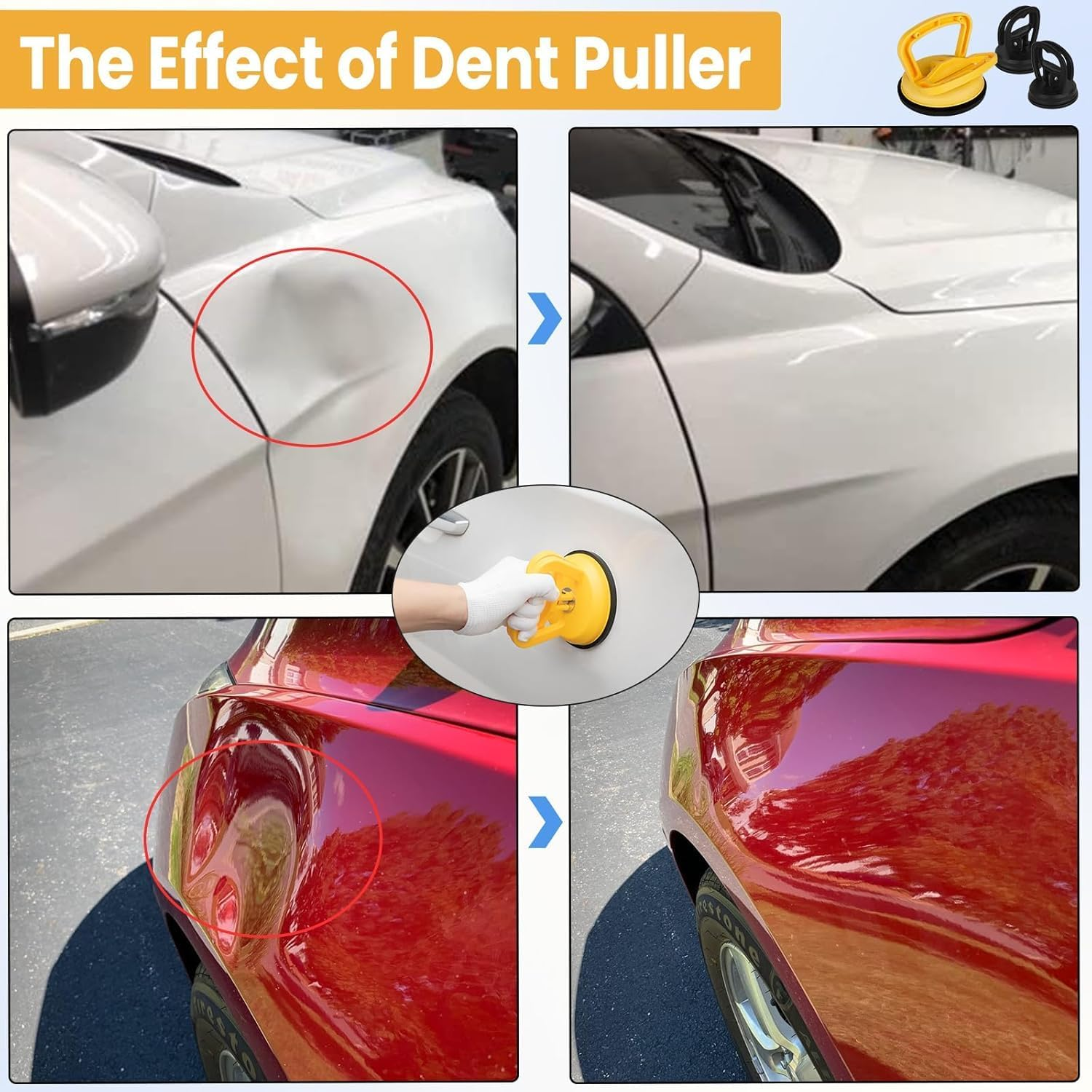 5Pcs Car Dent Puller, Powerful Car Dent Repair Tool Remover Kit, Suction Cup Dent Puller Kit for Car Dent Repair, Glass, Tiles, Mirror, Lifting and Objects Moving (Yellow + Black) image number 1