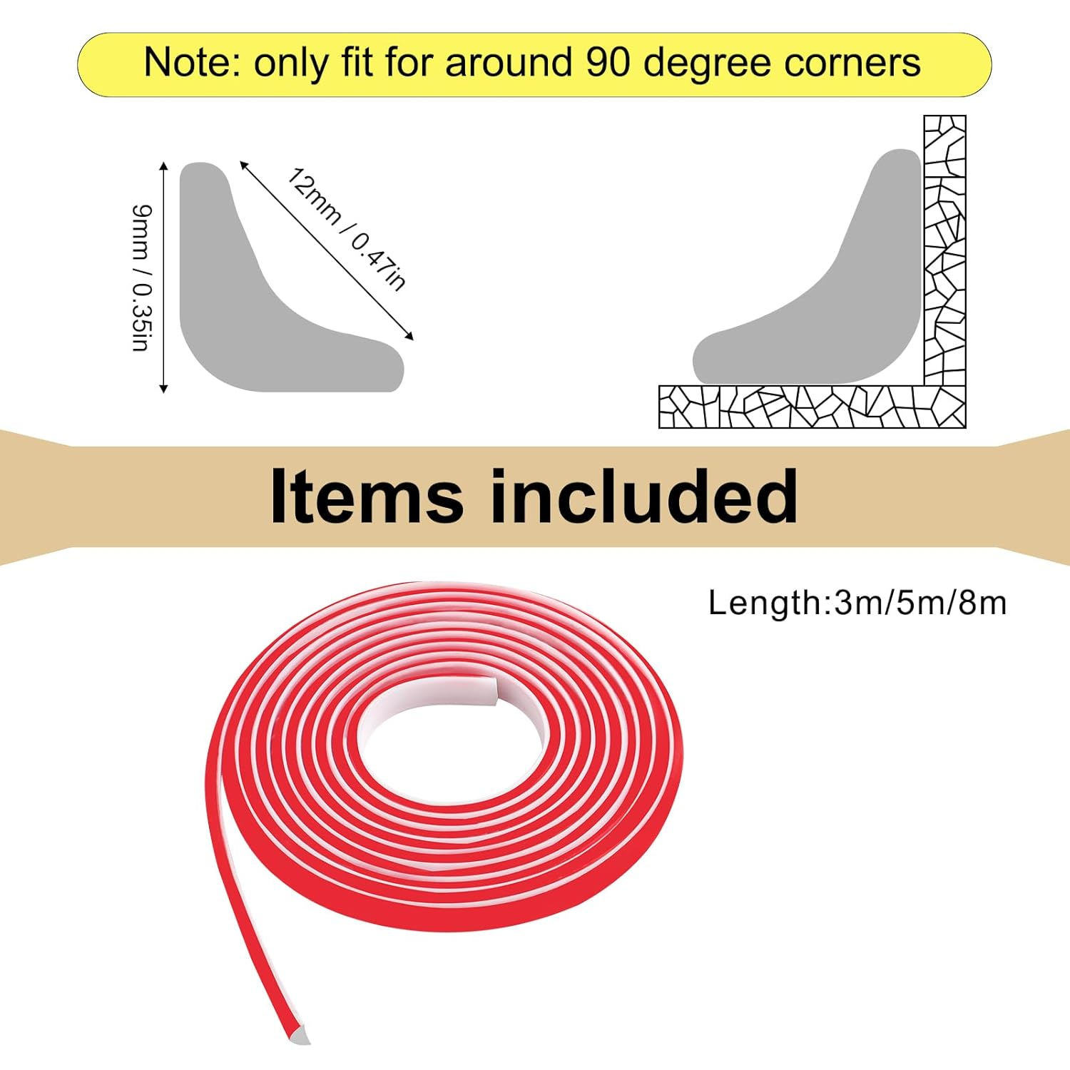 TECDW 3M Flexible Trim Caulk Strip, Quadrant Wall Molding Trim, Self-Adhesive Quadrant Trim, Peel and Stick Baseboard Trim for Wall Edge, Wall Corner, Floor, Tile Edge, Ceiling (12Mm X 9Mm) image number 5