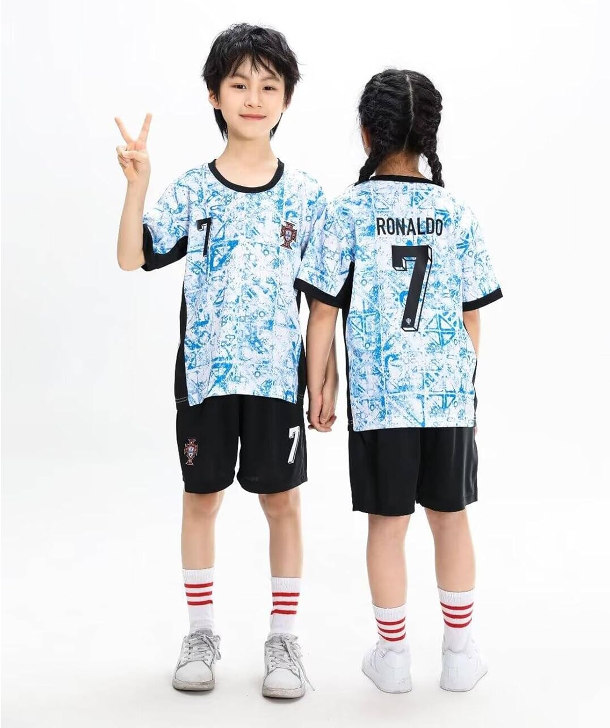 YEESON Youth Kid Soccer Jersey #7, Kids Soccer Jersey Away Portugal Blue Top + Shorts + Socks Kit image number 1
