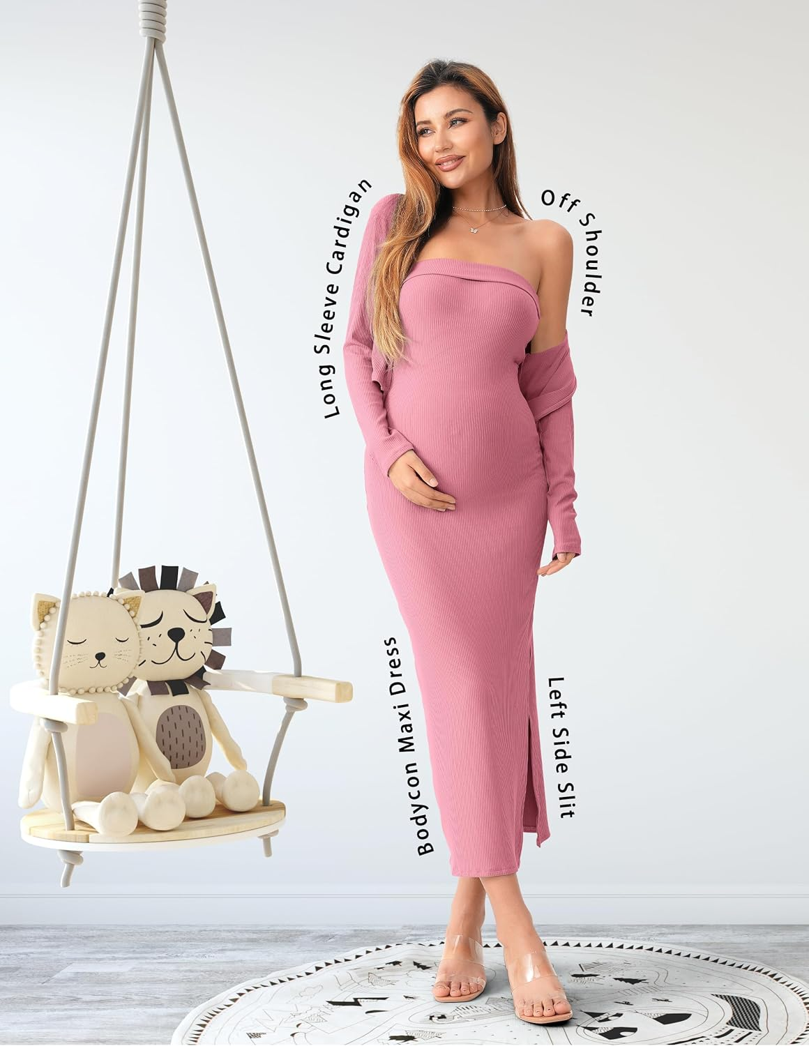 SUNNYBUY Baby Shower Maternity Tube Dress Short Cardigan Bodycon Ribbed Maxi Dress Casual 2 Piece Pregnancy Outfit Set, Dark Pink, Large image number 5