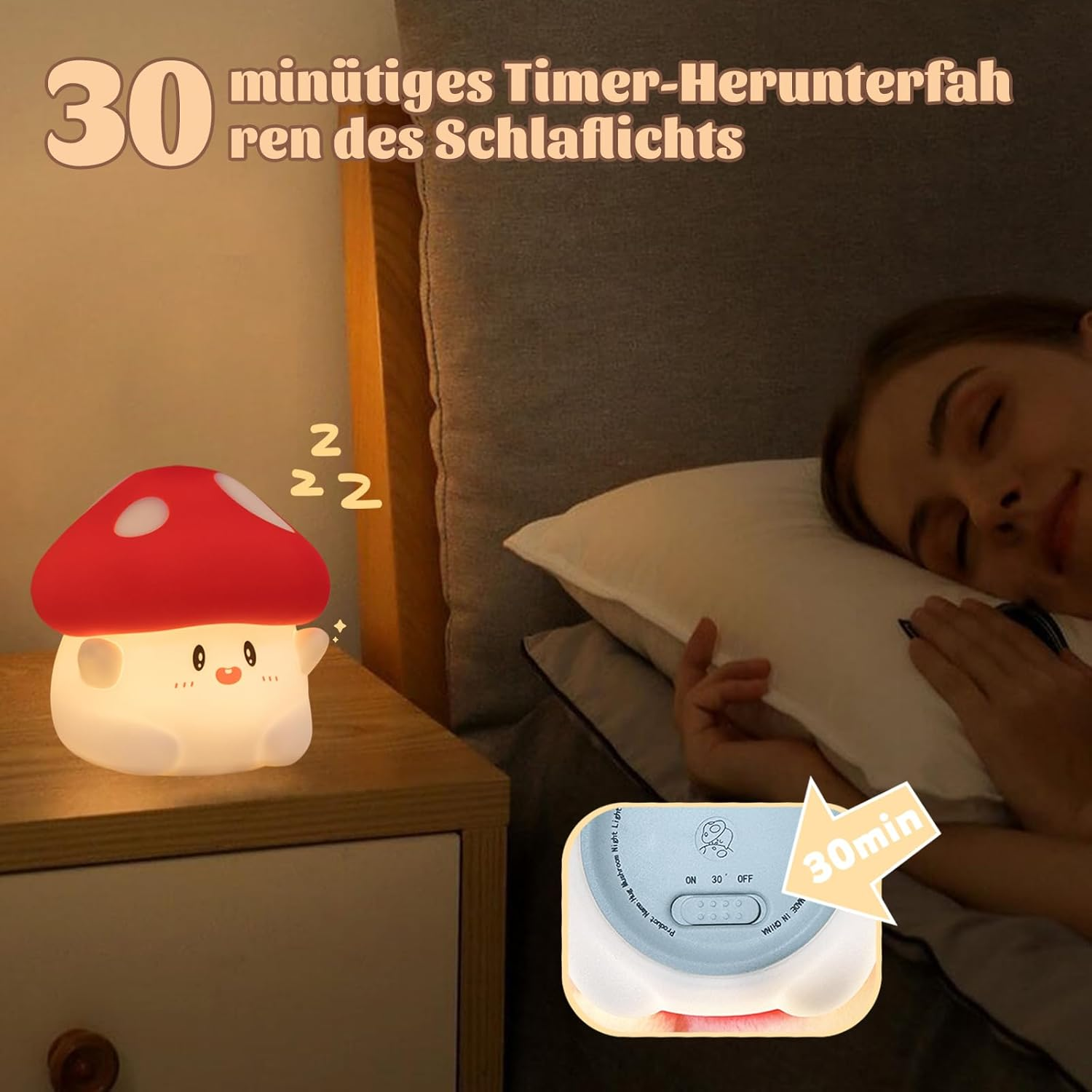 Mushroom Night Light, Cute LED Squishy Night Lamp, 2 Levels Dimmable, Rechargeable, Timer, White Silicone image number 6