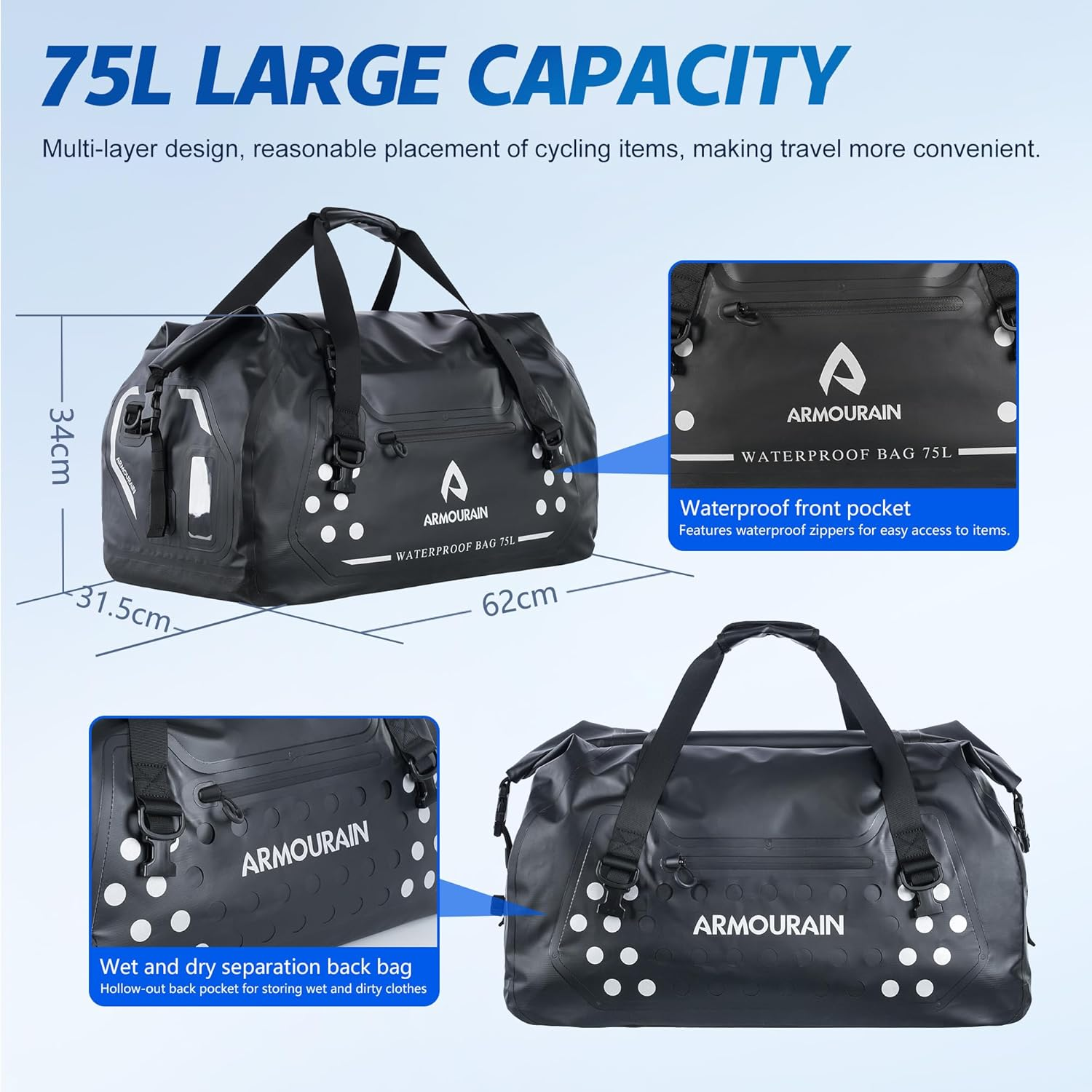 ARMOURAIN Motorcycle Dry Bag 75L Large Waterproof Duffel Bag Foldable Duffel Trunk Seat Bag for Travel,Boating,Motorbike,Kayaking (Black) - Black image number 6