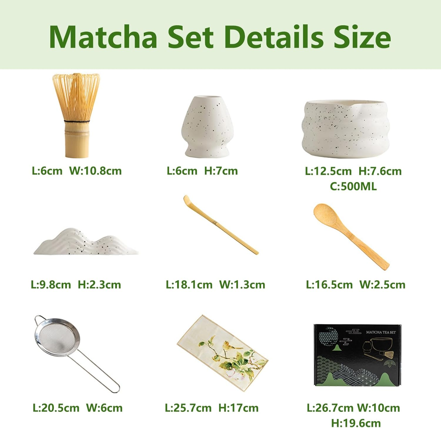 Haghito 8 PCS Matcha Whisk Set - Japanese Tea Ceremony Kit with Handcrafted Bamboo Whisk, Ceramic Bowl with Spout, Whisk Holder, Scoop, Sifter, Tea Cloth & Spoon Stand, Matcha Kit for Tea Lovers image number 5