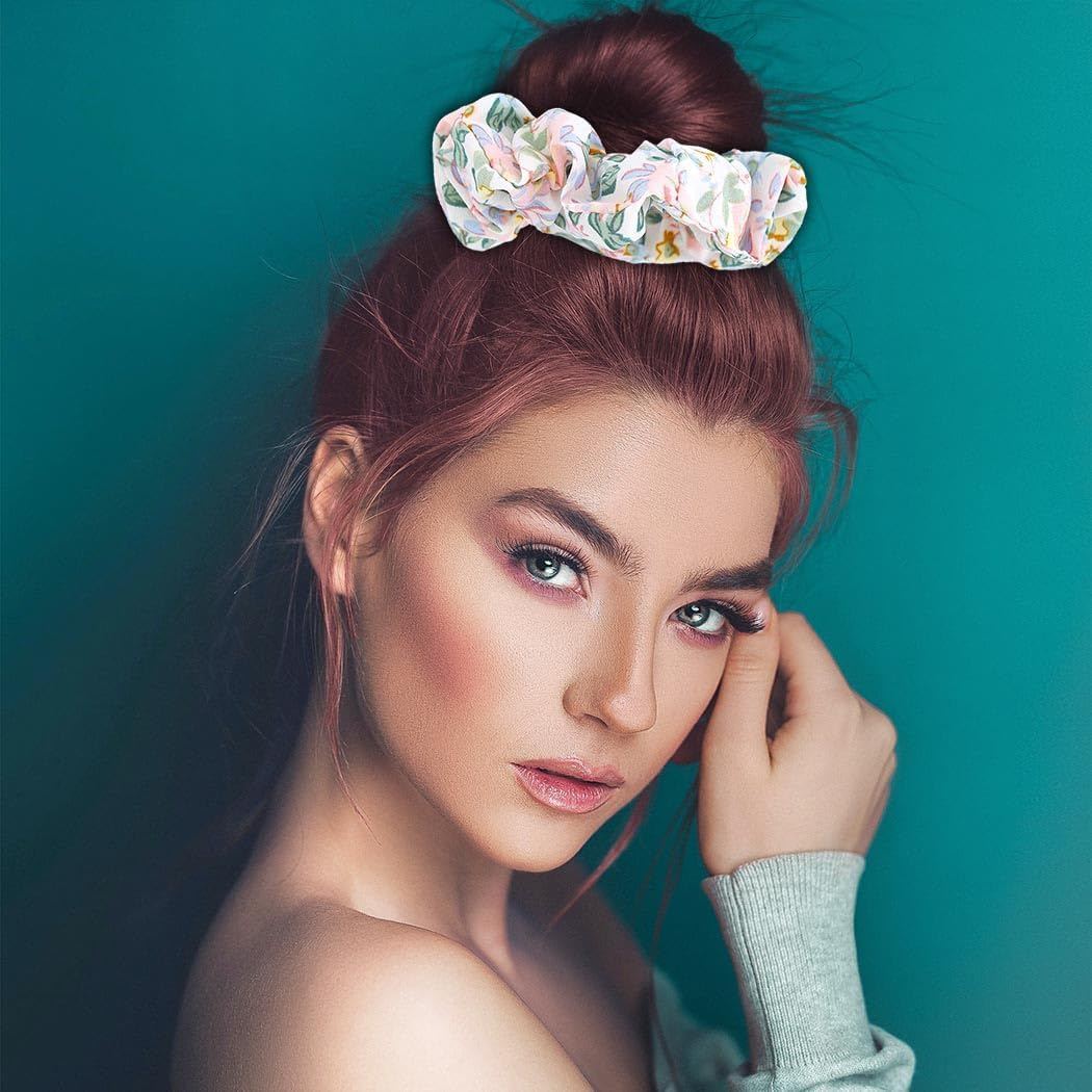 Flower Chiffon Hair Scrunchie,6Pcs Floral Plaid Solid Color Scrunchie,Spring Summer Floral Hair Scrunchies,Floral Chiffon Elastic Hair Tie Scrunchie,Floral Plaid Solid Hair Scrunchie for Girls Women image number 6