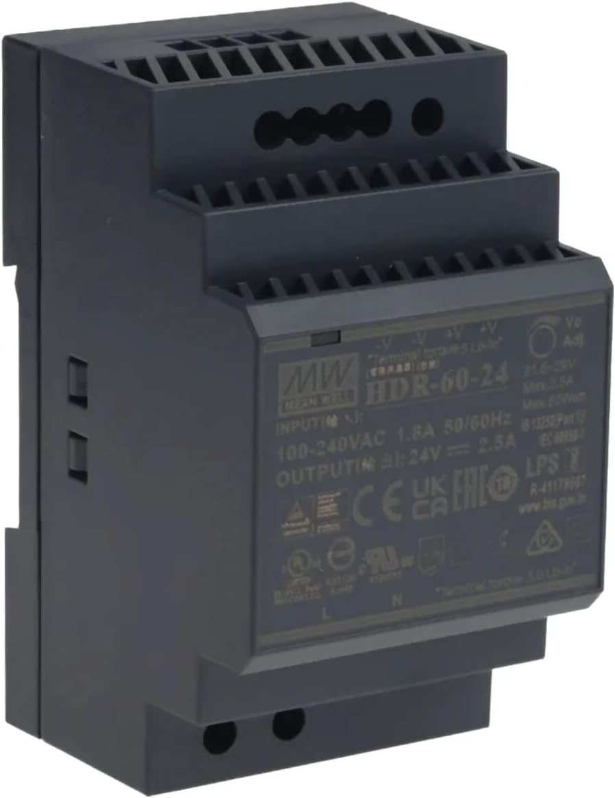 HDR-60-5 Genuine Mean Well DIN Rail Power Supply 5V 6.5A 60W, with Warning Label - 5V image number 1