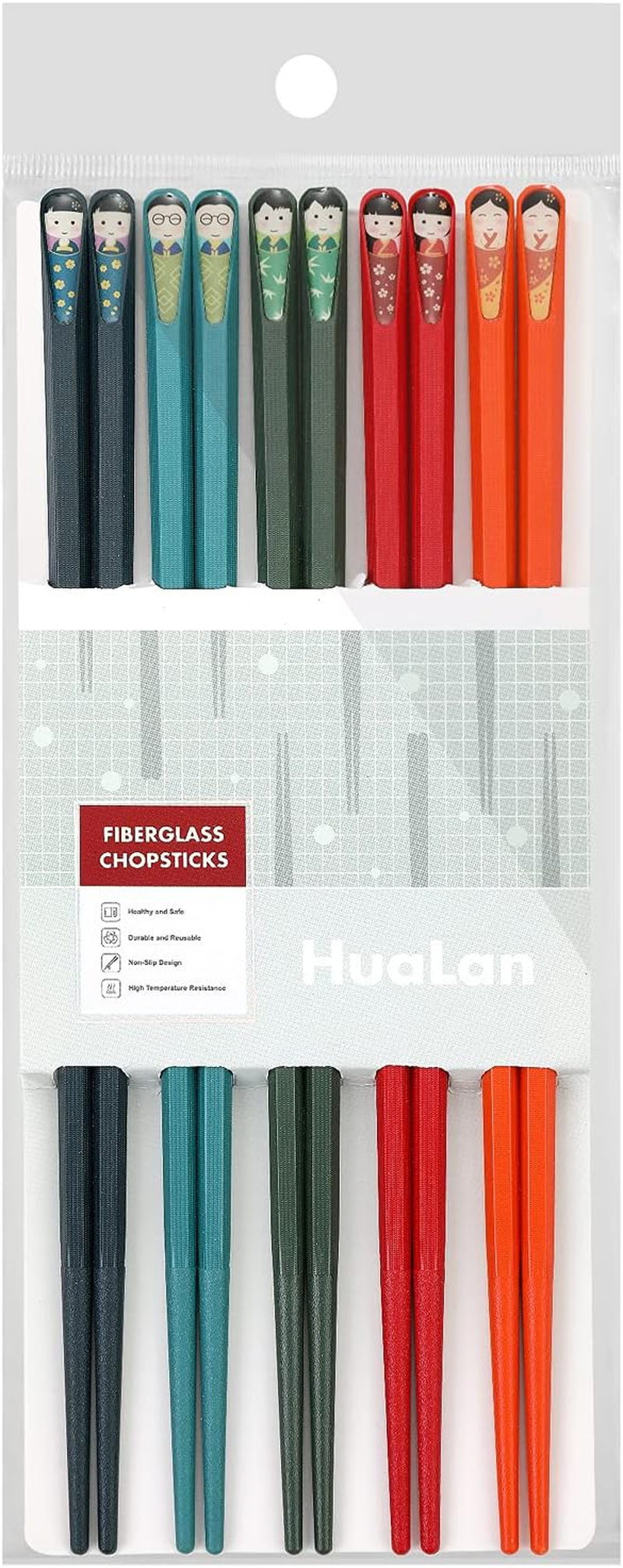 Fiberglass Chopsticks Series - Japanese Non-Slip Chopstick, Reusable Chop Sticks Dishwasher Safe, 5 Pairs, Gift Set, 9.9 Inches, Spring Flower