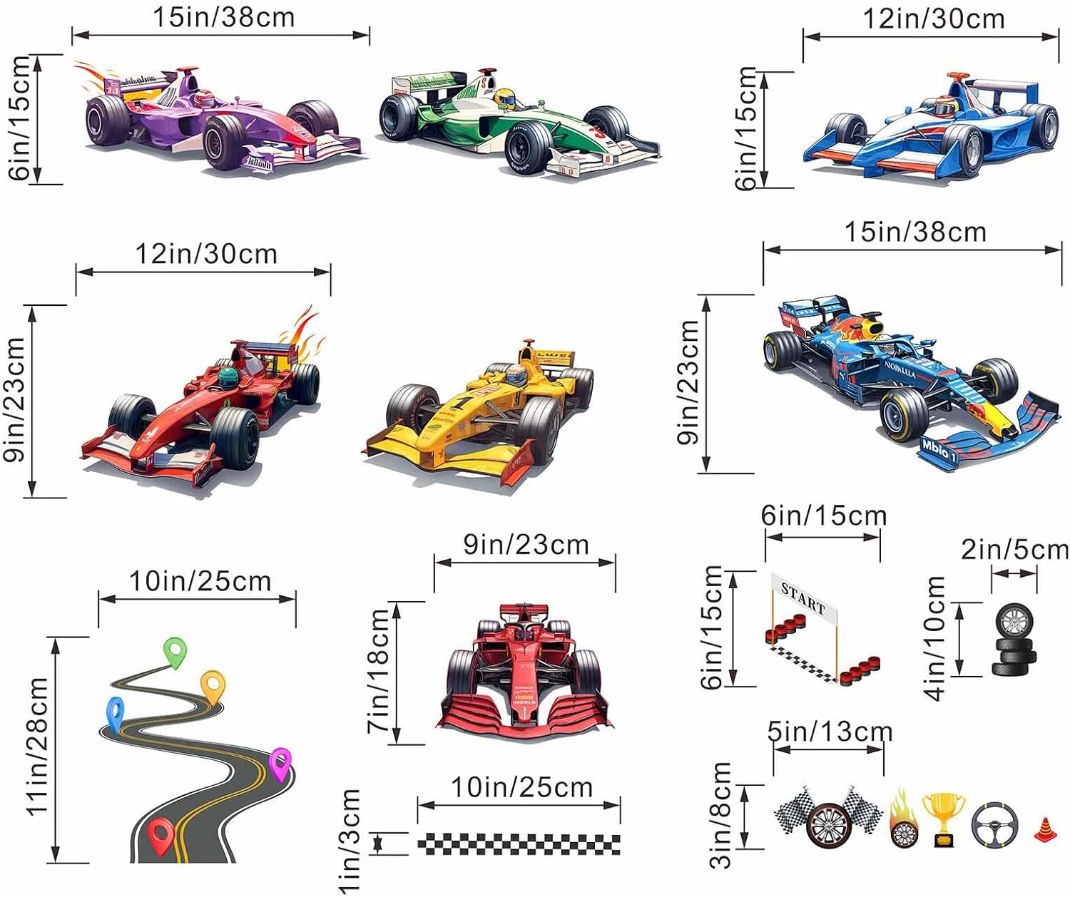 Amimagen Racing Cars Wall Stickers - Vehicles Roads Boys Bedroom Wall Decals - Baby Nursery Kids Room Daycare Playroom Wall Decor