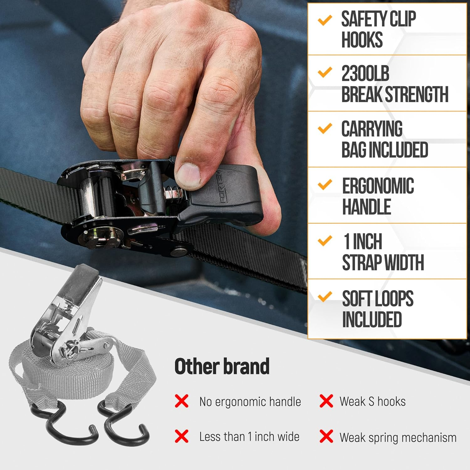 FORTEM Ratchet Straps, 2300Lb Break Strength, 4 15Ft Tie down Strap Set, 4 Soft Loops, Motorcycle Straps Tie Downs, Cargo Straps for Trucks, Rubber Handles, S-Clips, Coated Metal Hooks, (Black) image number 1