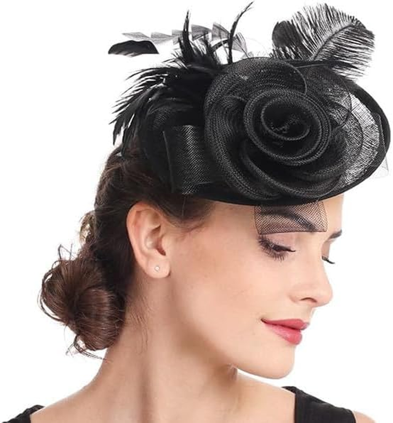 Feather Fascinator Hat with Hair Clip Flower Mesh Net Veil Wedding Race Hairpin Bowler Hat Elegant Royal Ascot Floral Derby Hat for Women Ladies Wedding Tea Party Church Cocktail Hair Accessories