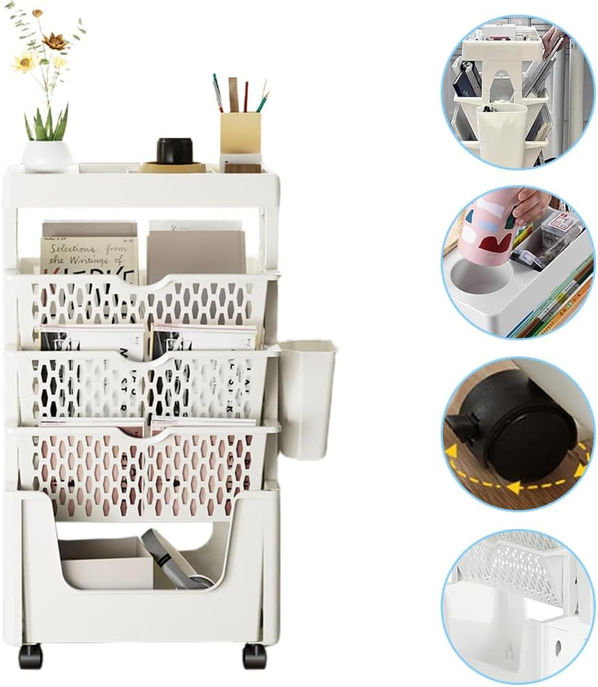 Moveable Bookshelf on Wheels, 5-Tier Mobile Book Shelf Space-Saving Rolling Cart Storage, Utility Organizer for Living Room Home Classroom School (White) image number 6