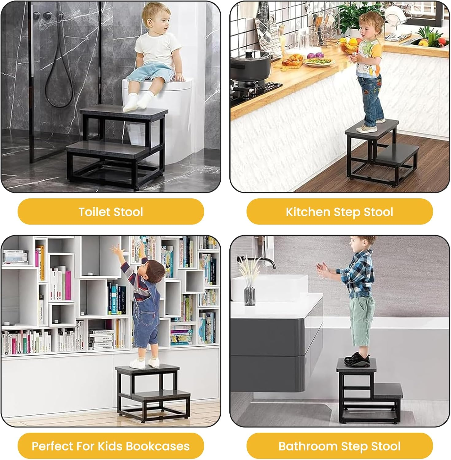 Uandhome 2-Step Wooden Step Stools for Kids, Non-Slip Stepping Foot Stool Heavy Duty Bedside Step Stool, for Bedroom Kitchen Bathroom Toilet(Grey) image number 1