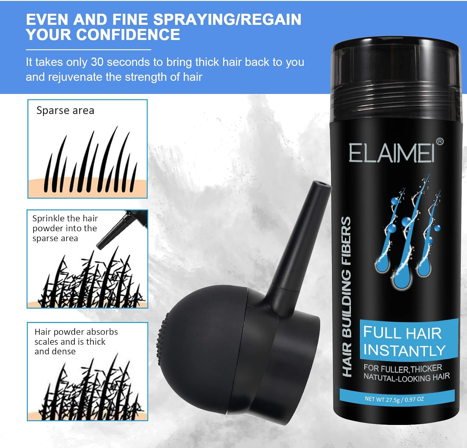 Hair Fibres Black, Professional Hair Fibres for Thinning Hair for Women & Men,Hair Thickener in 15 Seconds, Natural Formula,Hair Thinkening Spray Powder for Thinning Hair-Black image number 4